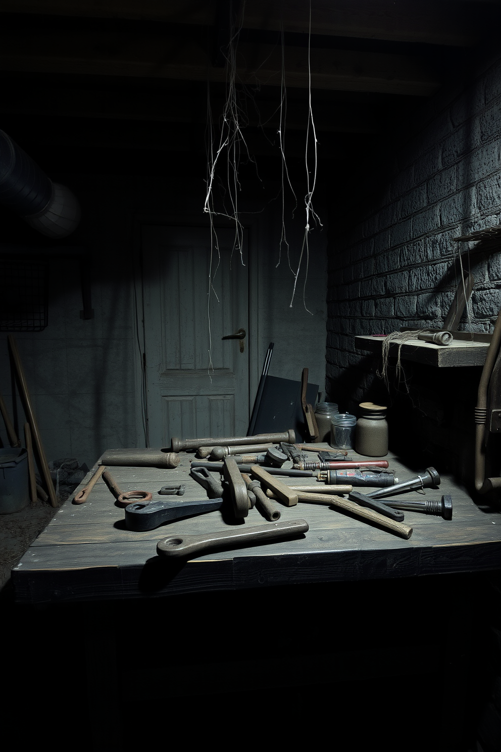 A dimly lit basement filled with rusty tools scattered across a weathered wooden workbench. Cobwebs hang from the ceiling, and shadows dance on the walls, creating an eerie atmosphere perfect for Halloween.