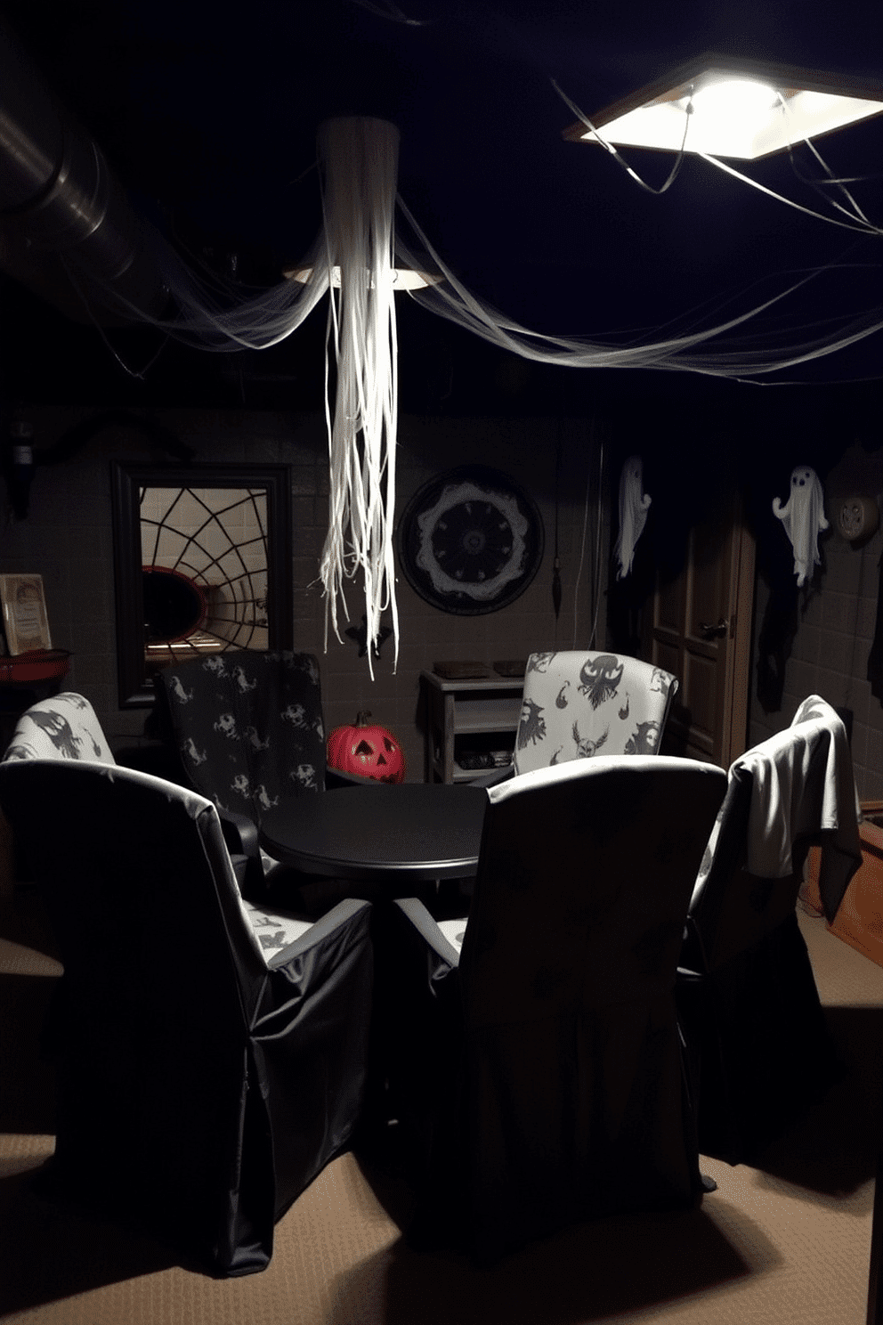 Chairs covered in spooky fabric are arranged around a low table in a dimly lit basement. The walls are adorned with eerie decorations, including cobwebs and ghostly figures, creating a haunting atmosphere perfect for Halloween gatherings.