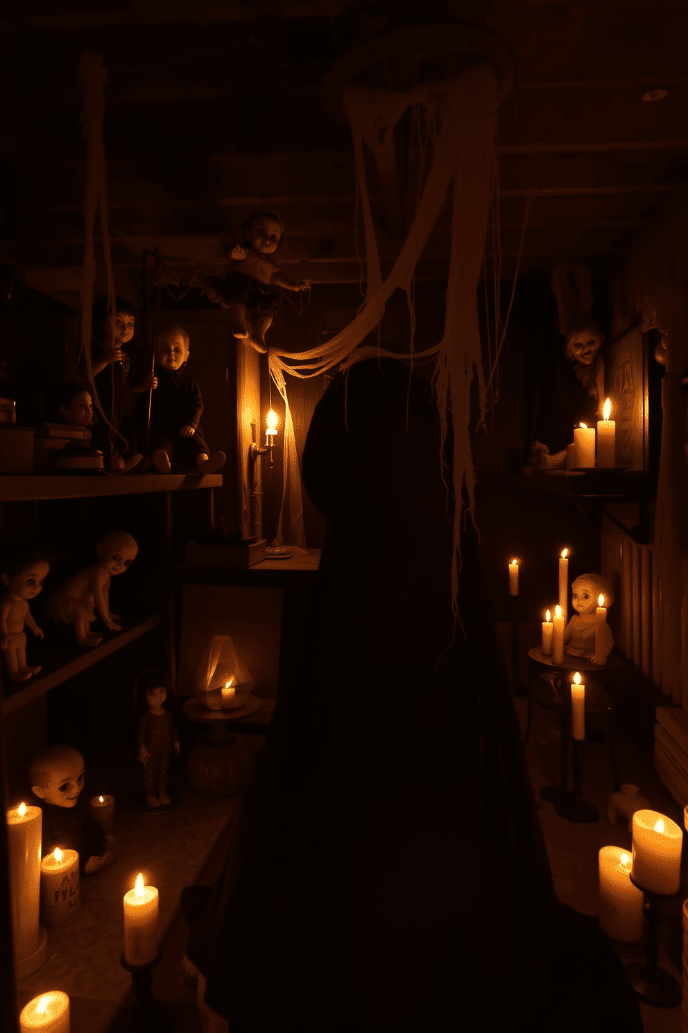 A dimly lit basement filled with an eerie atmosphere. Creepy dolls are positioned on dusty shelves and in shadowy corners, their unsettling gazes enhancing the Halloween decor. Cobwebs drape from the ceiling, adding to the spooky vibe. Flickering candles cast ghostly shadows on the walls, creating a hauntingly beautiful setting for Halloween festivities.