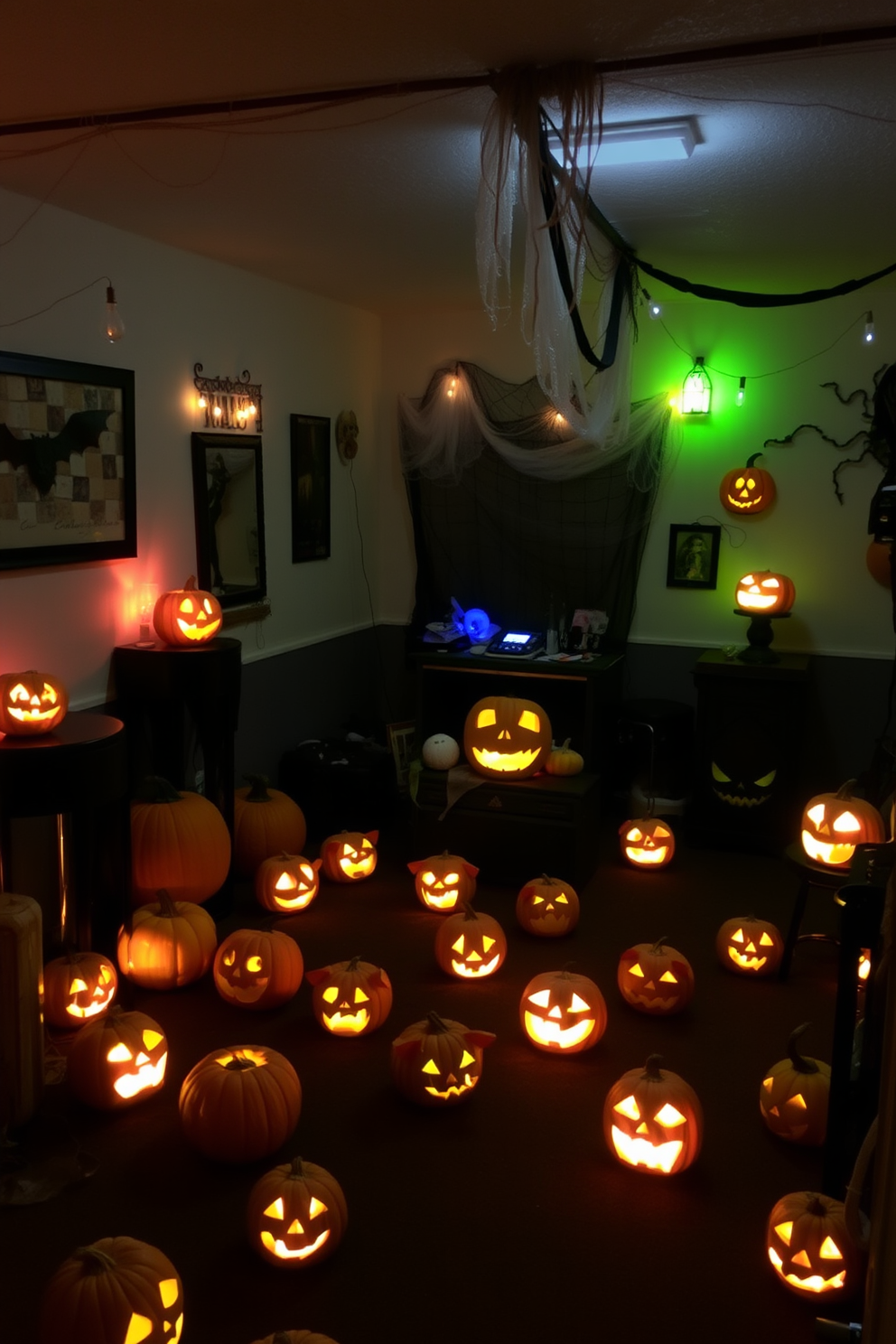 A cozy Halloween basement decorated with illuminated jack-o-lanterns scattered around the space. The walls are adorned with spooky artwork and cobwebs, creating an eerie yet inviting atmosphere.