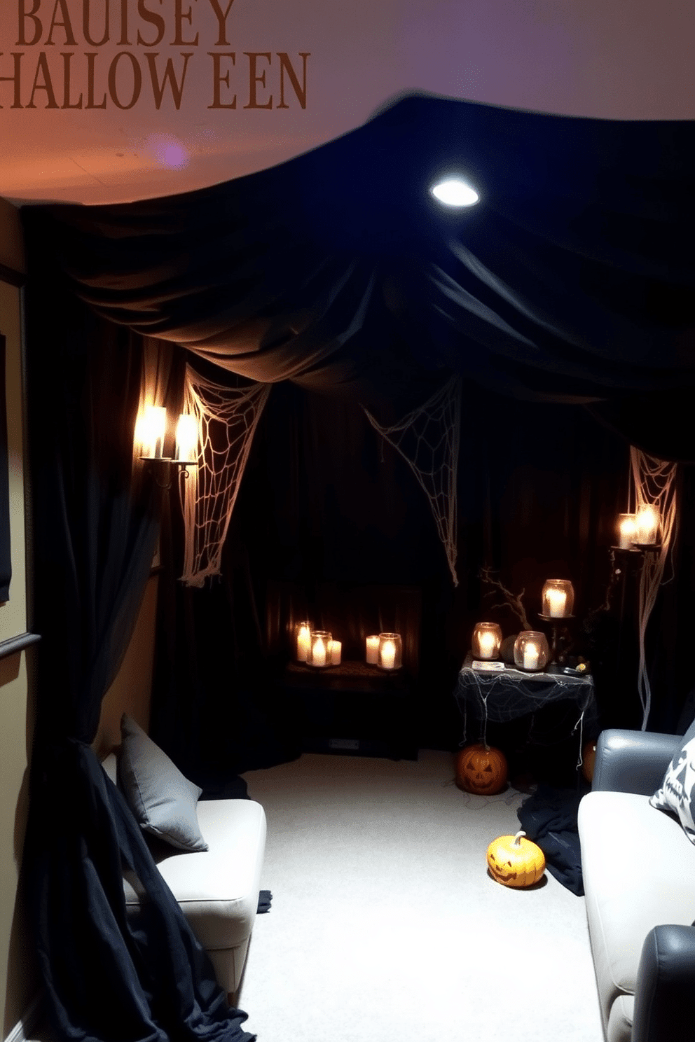 A cozy basement decorated for Halloween features dark drapes that envelop the space, creating a cave-like atmosphere. Flickering candlelight casts shadows on the walls, enhancing the eerie ambiance with strategically placed cobwebs and spooky decorations.