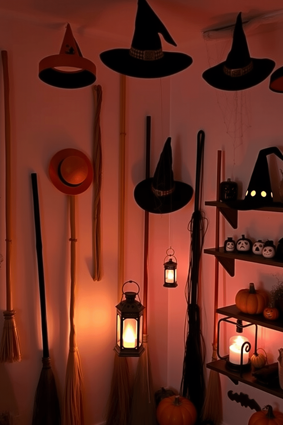 Create a whimsical Halloween basement setting featuring broomsticks and hats as decorative elements. The walls are adorned with hanging broomsticks of varying lengths, while colorful witch hats are strategically placed on shelves and hooks throughout the space. Incorporate ambient lighting to enhance the spooky atmosphere, with dimly lit lanterns casting shadows across the room. Add a few themed accessories like cobwebs and artificial pumpkins to complete the Halloween decor.