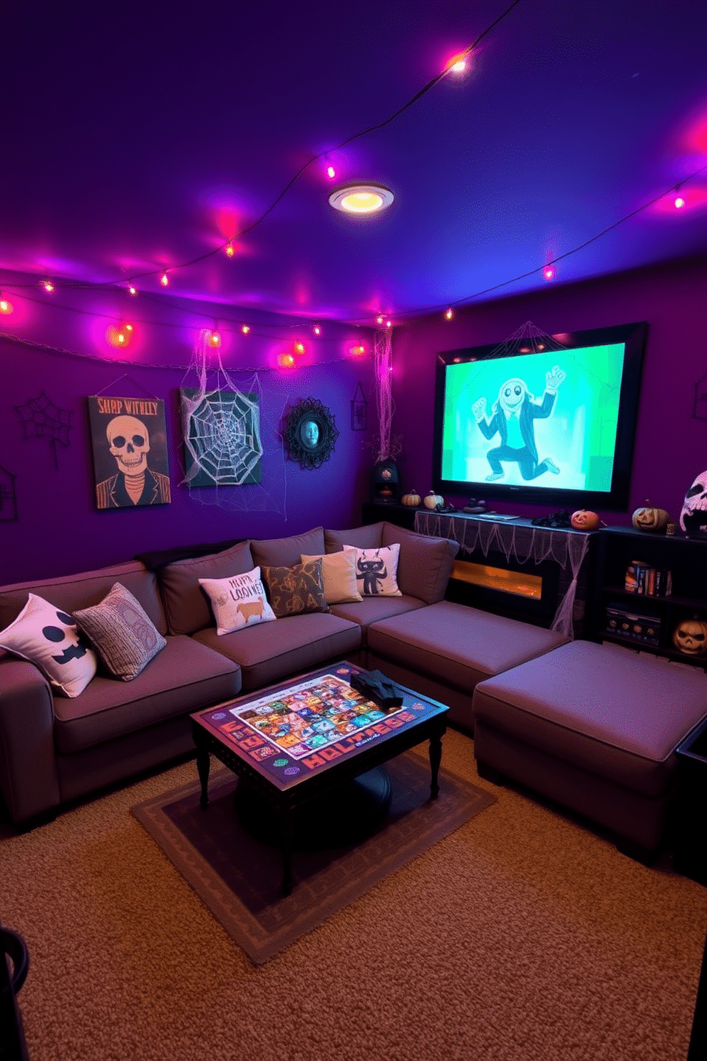 A cozy basement designed for Halloween festivities. The space features a large sectional sofa adorned with seasonal throw pillows and a spooky-themed coffee table surrounded by interactive games for guests to enjoy. The walls are painted in deep purple, creating a dramatic atmosphere, while string lights in orange and purple add a festive glow. A corner is dedicated to a haunted display with cobwebs, pumpkins, and eerie decorations to enhance the Halloween spirit.