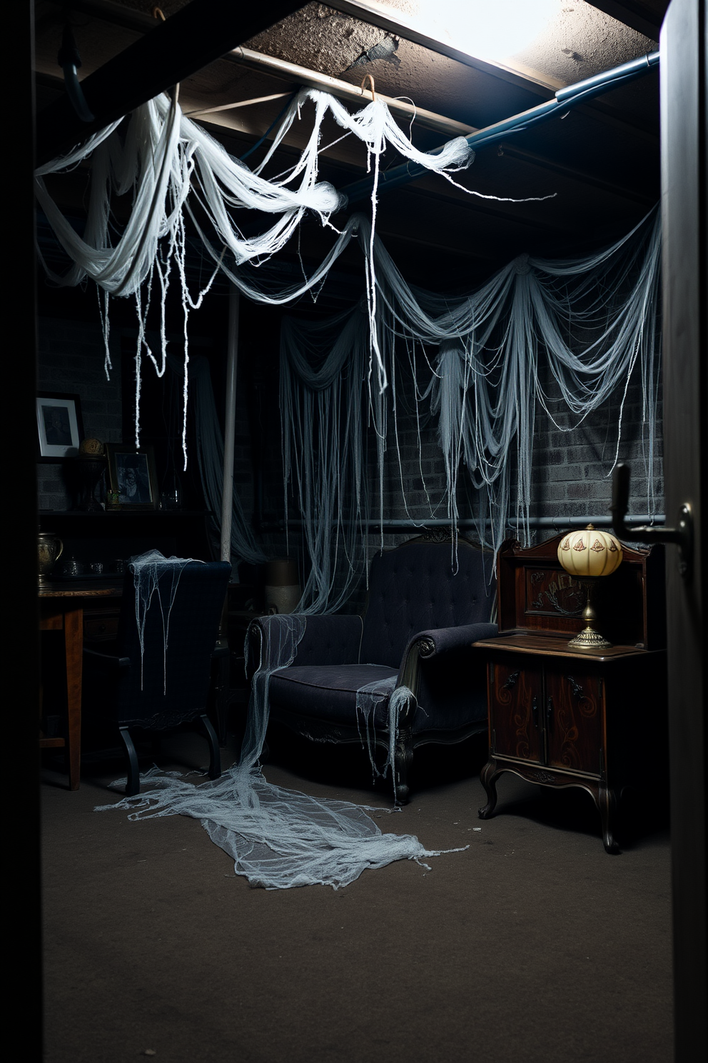 A spooky basement setting adorned with cobwebs draping over vintage furniture pieces. Dim lighting casts eerie shadows, enhancing the haunted atmosphere of the space.