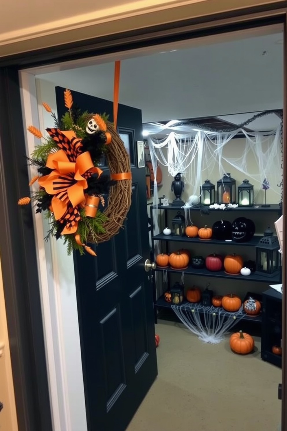 A seasonal wreath adorned with orange and black accents hangs on the basement door, creating a festive entrance for Halloween. Inside, the basement is decorated with cobwebs, spooky lanterns, and pumpkins arranged on shelves to enhance the eerie atmosphere.