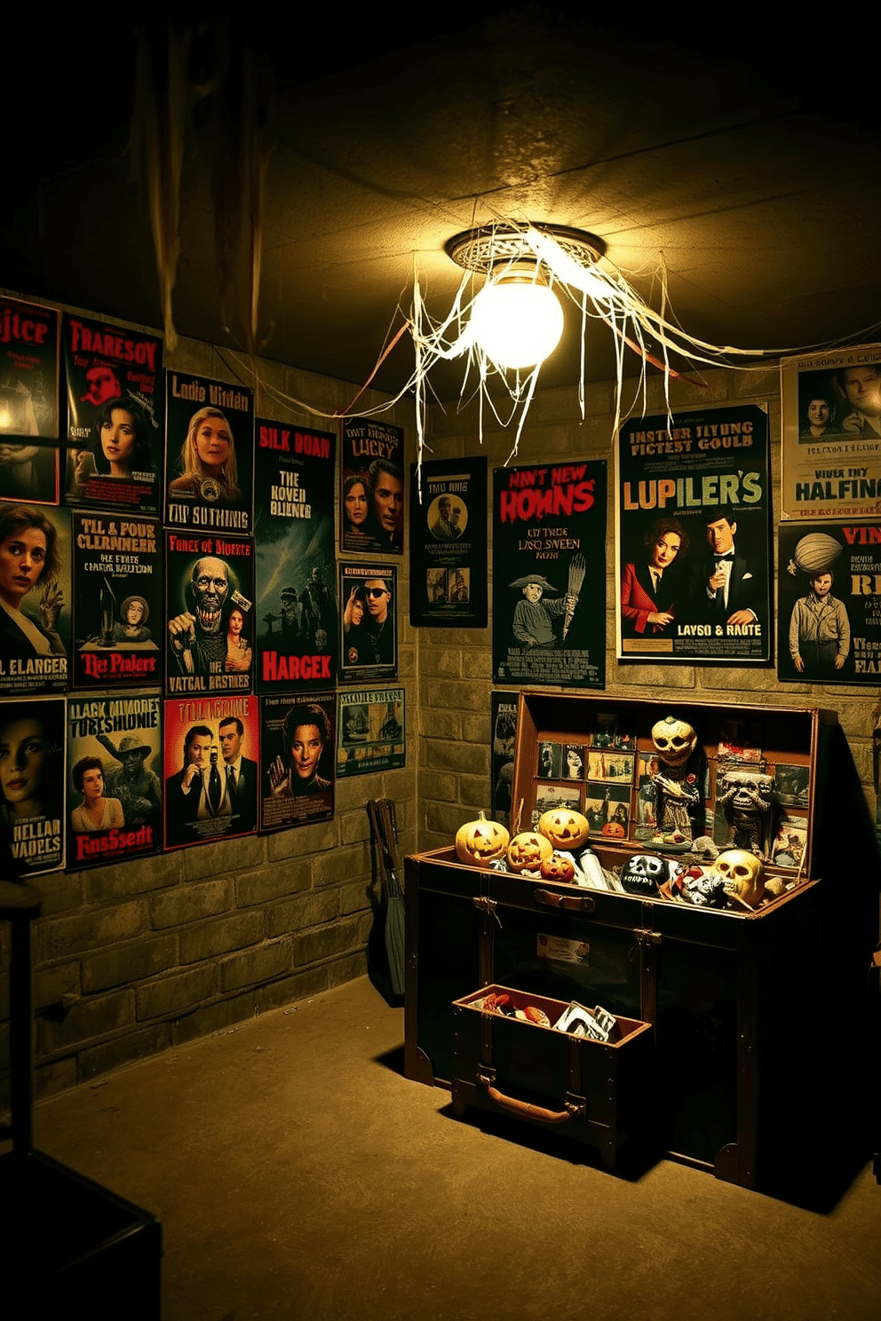 A dimly lit basement is transformed into a vintage horror movie haven. The walls are adorned with an eclectic collection of classic horror movie posters, featuring iconic characters and eerie scenes that evoke a sense of nostalgia. Soft, flickering lights cast shadows across the room, enhancing the spooky atmosphere. A vintage trunk sits in the corner, filled with Halloween decorations, while cobwebs delicately drape from the ceiling, adding to the haunting charm.