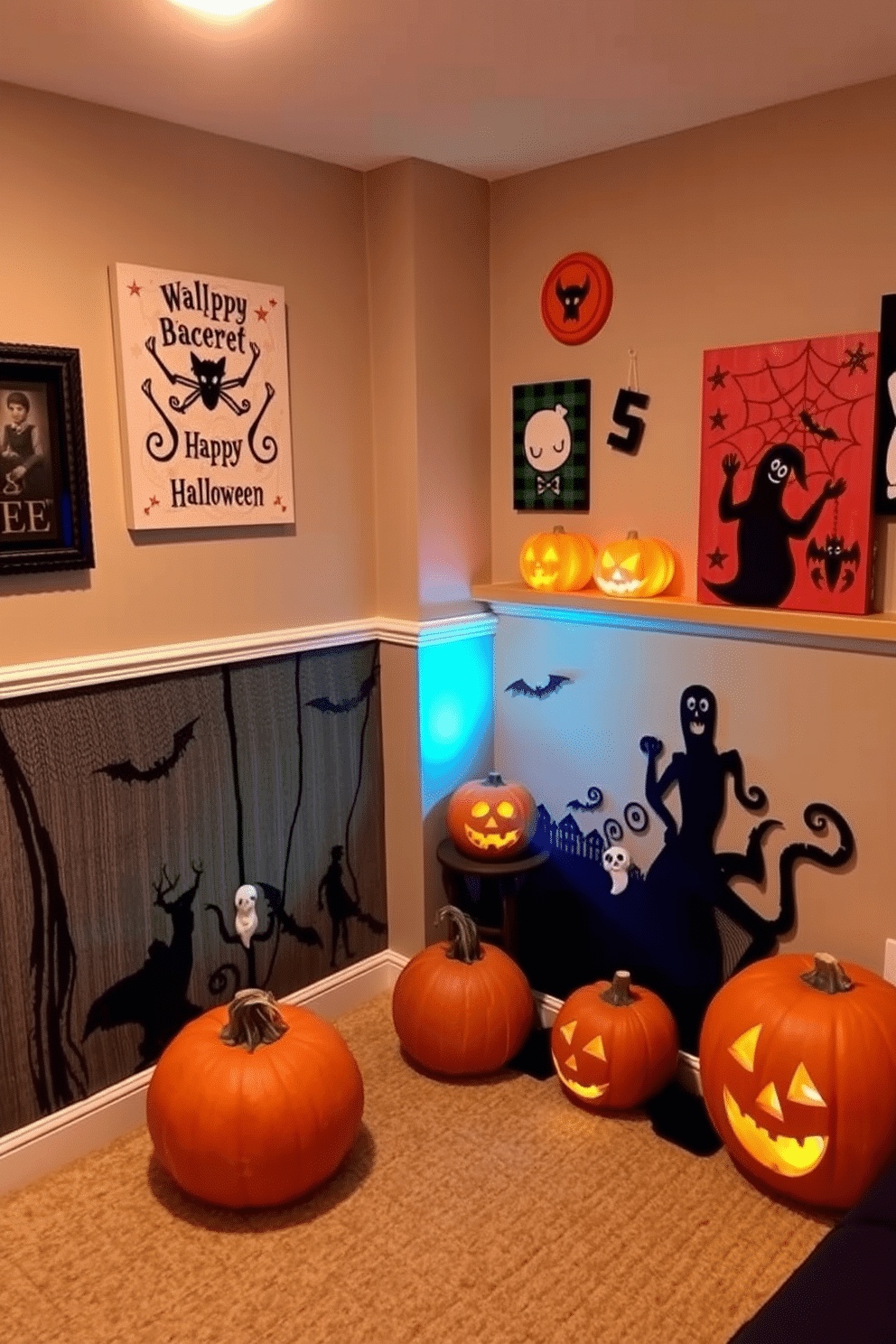 Create a cozy basement space decorated for Halloween. The walls feature personalized wall art with spooky designs and vibrant colors, enhancing the festive atmosphere. In one corner, a whimsical display includes carved pumpkins and ghostly silhouettes. Soft lighting casts a warm glow, making the space inviting yet playful for Halloween celebrations.