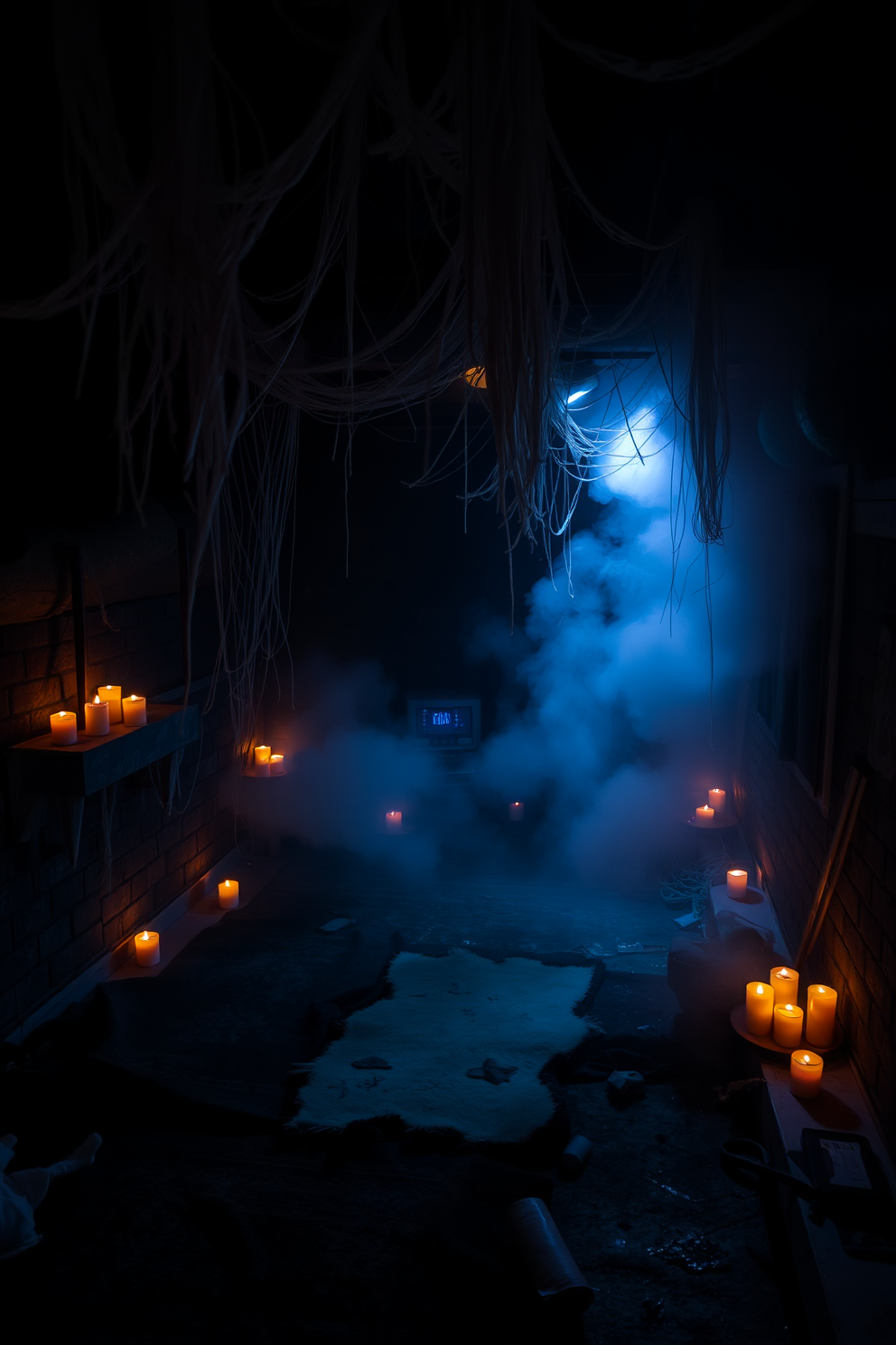 A spooky basement setting designed for Halloween. The floor is covered with dark, tattered rugs and cobwebs hang from the ceiling, creating an eerie atmosphere. A fog machine fills the room with a thick mist, enhancing the creepy ambiance. Flickering LED candles are scattered throughout, casting unsettling shadows on the walls.