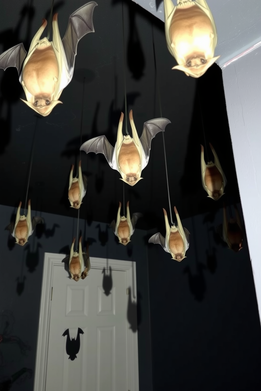 Create a spooky Halloween basement setting with hanging bats suspended from the ceiling. The walls are painted in dark shades, and eerie lighting casts shadows to enhance the haunted atmosphere.