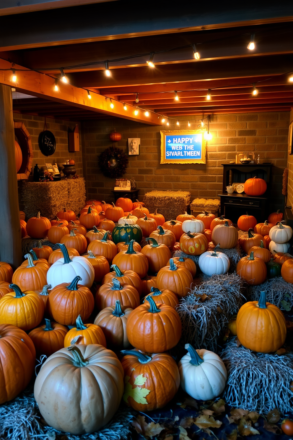 A cozy basement decorated for Halloween features a charming pumpkin patch filled with real pumpkins of various sizes and colors. String lights hang from the ceiling, casting a warm glow over hay bales and autumn leaves scattered around the space.