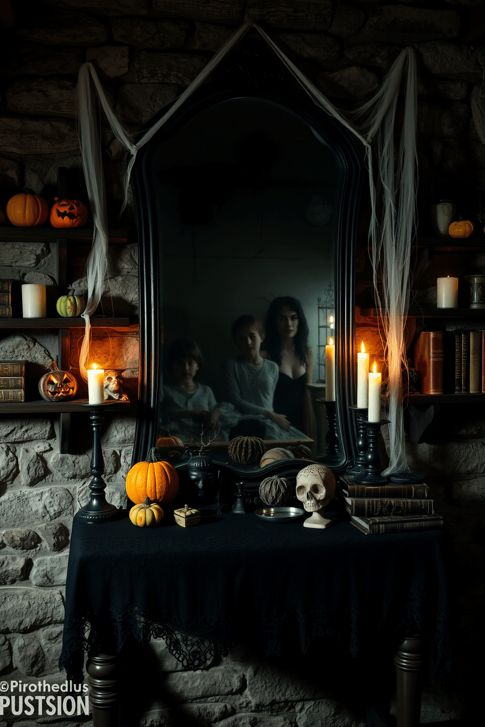 A haunted mirror hangs on the wall of a dimly lit basement, its surface reflecting eerie shadows and distorted figures. Cobwebs drape from the corners, adding to the chilling atmosphere, while flickering candles cast ghostly light on the stone walls. Around the mirror, rustic shelves are filled with vintage Halloween decorations, including carved pumpkins and old books with tattered covers. A dark, wooden table beneath the mirror is adorned with a black lace tablecloth and various creepy artifacts, creating an unsettling yet inviting space for Halloween festivities.