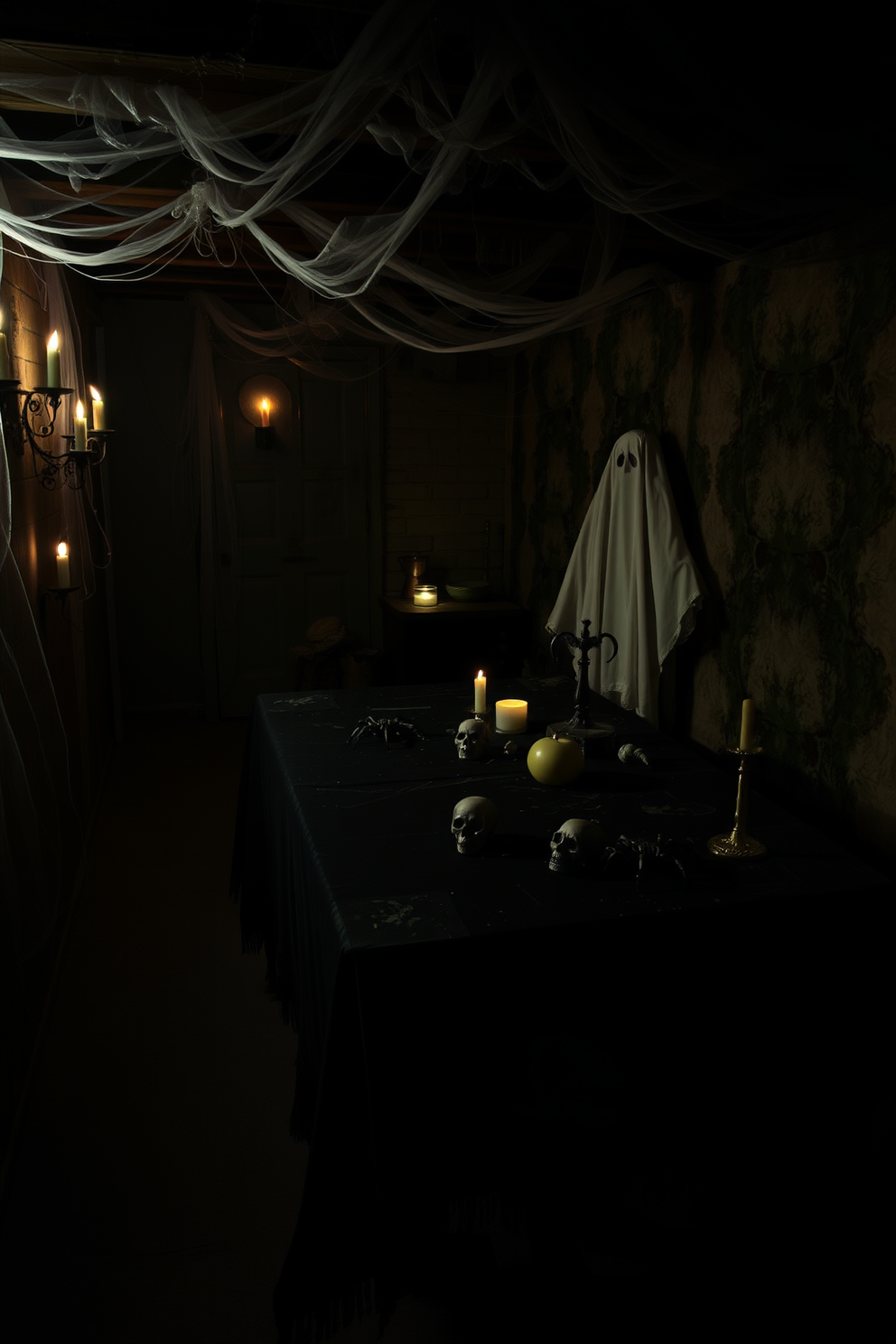 A dimly lit basement filled with cobwebs and eerie shadows creates a haunting atmosphere. Flickering candles line the walls, casting ghostly shapes that dance across the room. An old wooden table is covered with a tattered black tablecloth, adorned with creepy props like skulls and fake spiders. In one corner, a life-sized mannequin dressed as a ghost stands silently, adding to the unsettling vibe.