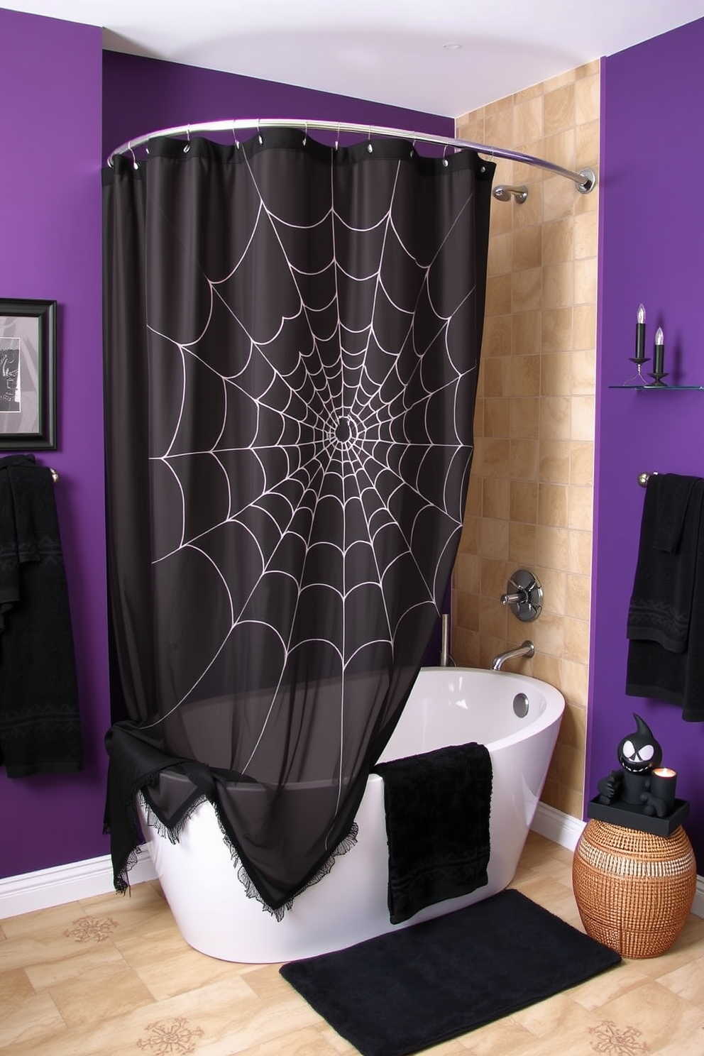 A Halloween-themed bathroom featuring a spooky spider web shower curtain that drapes elegantly over a modern bathtub. The walls are painted in a deep purple hue, and black accents are incorporated through towels and decorative items to enhance the eerie atmosphere.