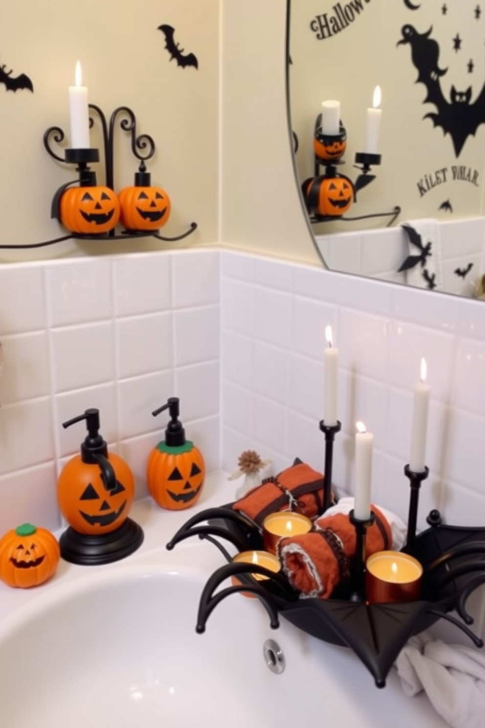 A whimsical bathroom setting adorned with Halloween-themed soap dispensers shaped like pumpkins and ghosts. A decorative tray in the shape of a bat sits next to the sink, holding festive hand towels and candles.