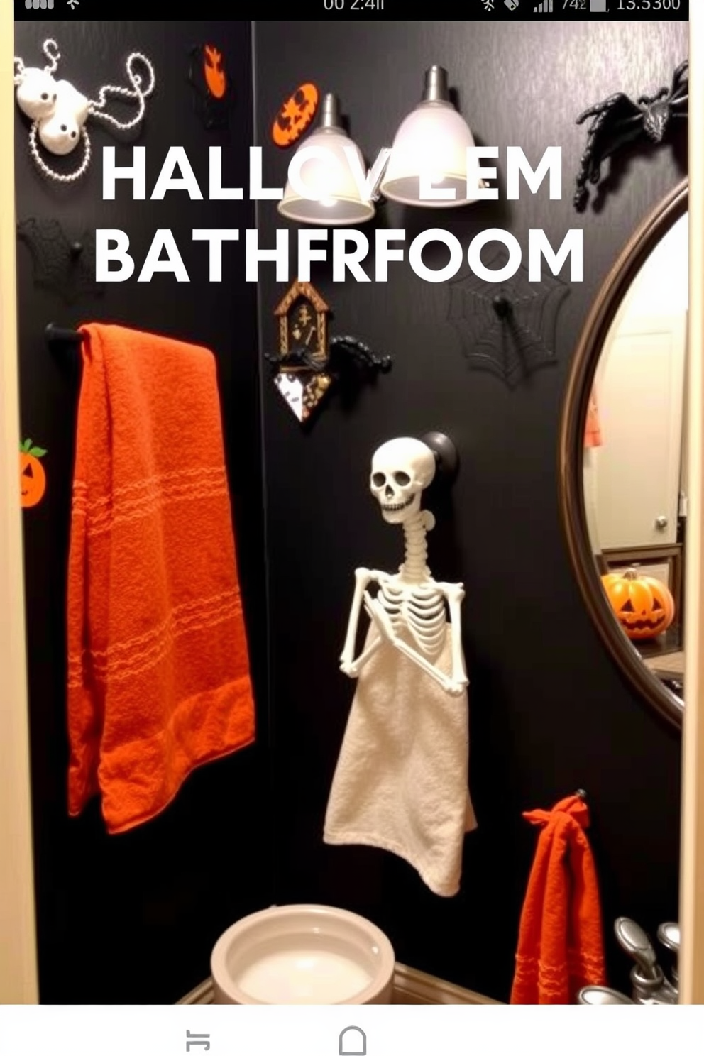 A creative Halloween-themed bathroom featuring a skeleton hand towel holder. The walls are adorned with spooky decorations, and the color scheme includes deep blacks and vibrant oranges.