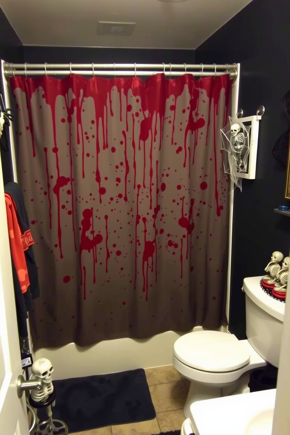 A Halloween-themed bathroom featuring a shower curtain adorned with faux blood splatter. The walls are painted in a dark shade, and eerie decorations like cobwebs and skeletons are strategically placed around the room.