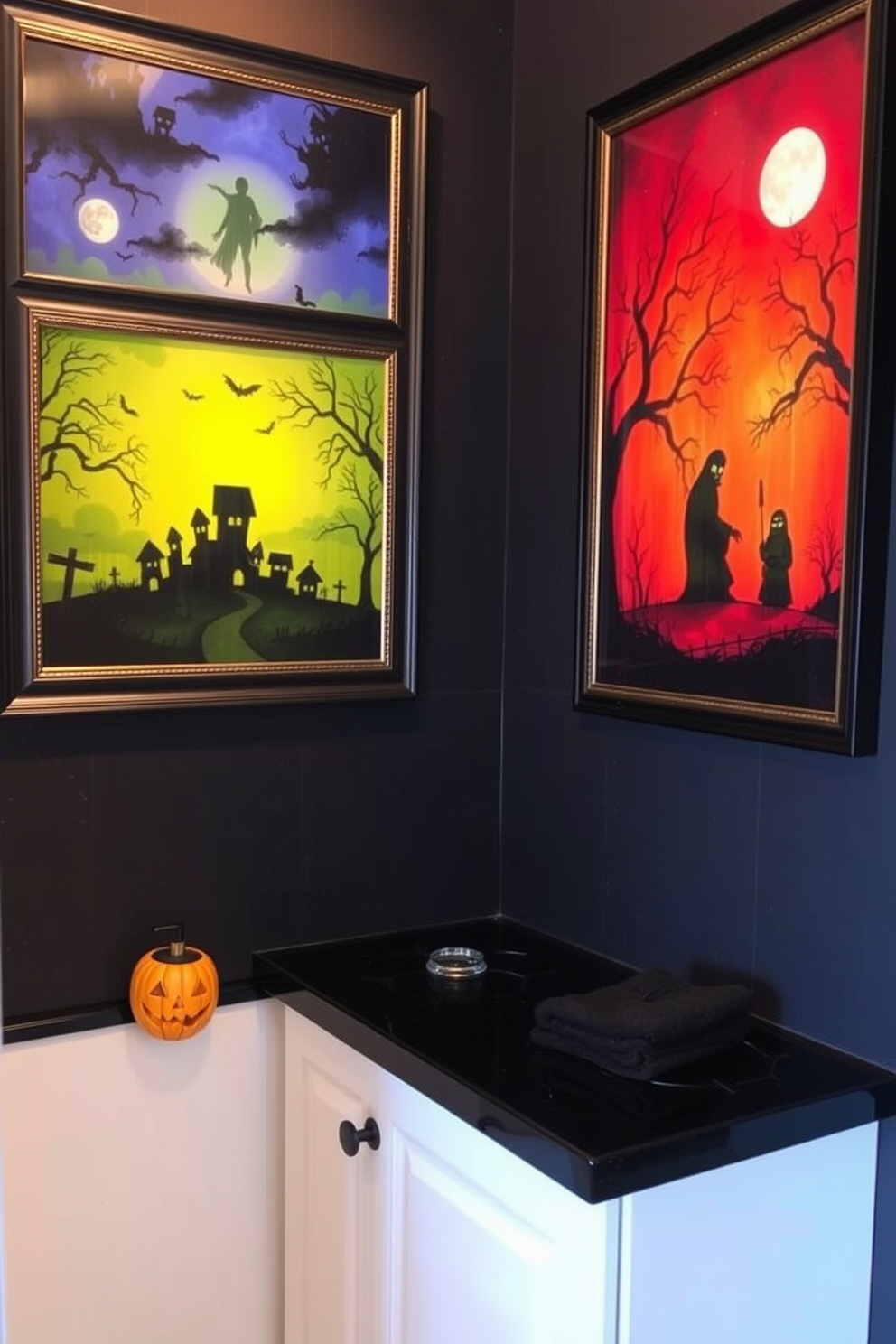 Chilling framed artwork depicting haunted scenes adorns the walls of a Halloween-themed bathroom. The artwork features eerie landscapes and ghostly figures, creating a spooky yet stylish atmosphere. A sleek black vanity contrasts with the vibrant colors of the artwork, enhancing the overall theme. The countertop is adorned with themed accessories, including a carved pumpkin soap dispenser and dark-hued towels.