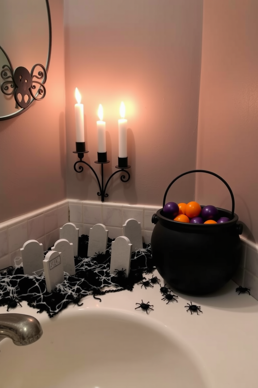 A whimsical bathroom scene featuring a miniature graveyard theme for Halloween. The space includes small tombstones scattered across the countertop, surrounded by faux cobwebs and tiny plastic spiders. A black cauldron sits in one corner, filled with orange and purple decorative balls. Flickering LED candles illuminate the scene, casting eerie shadows on the muted gray walls.