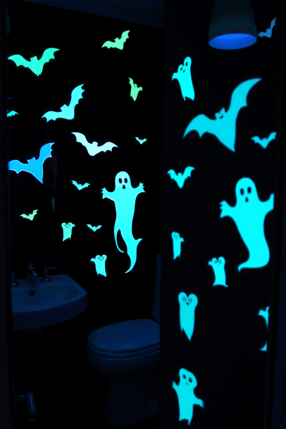 A whimsical bathroom setting adorned with glow-in-the-dark stickers featuring bats and ghosts on the walls. The space is illuminated by soft lighting that enhances the playful Halloween theme, creating a fun and festive atmosphere.