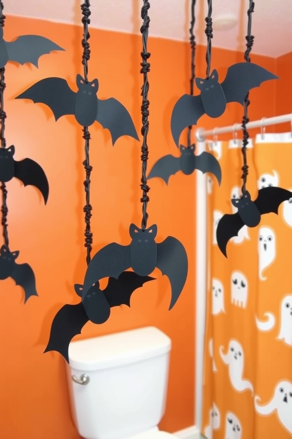 A whimsical Halloween bathroom setting adorned with hanging bats made from black paper. The walls are painted in a deep orange hue, and the shower curtain features playful ghost motifs.