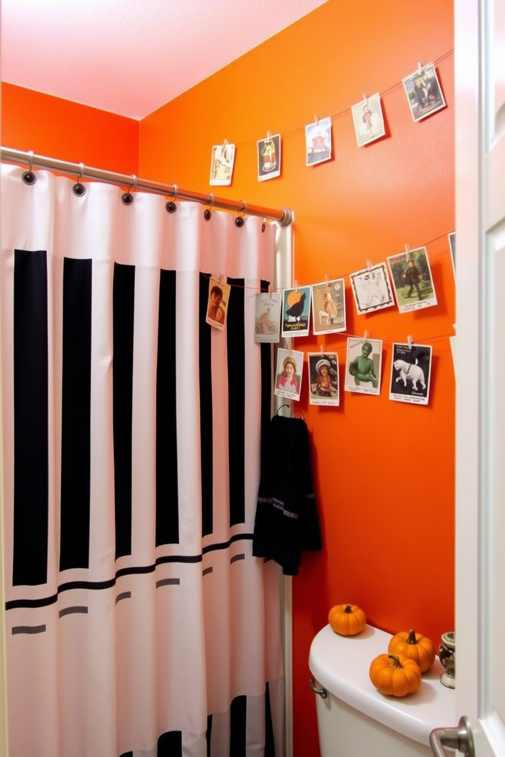 A charming bathroom adorned with vintage Halloween postcards. The postcards are creatively displayed on a string across the wall, adding a whimsical touch to the decor. The walls are painted in a warm orange hue, complementing the festive theme. A black and white striped shower curtain adds a playful contrast, while small pumpkins are scattered on the countertop for an extra seasonal flair.