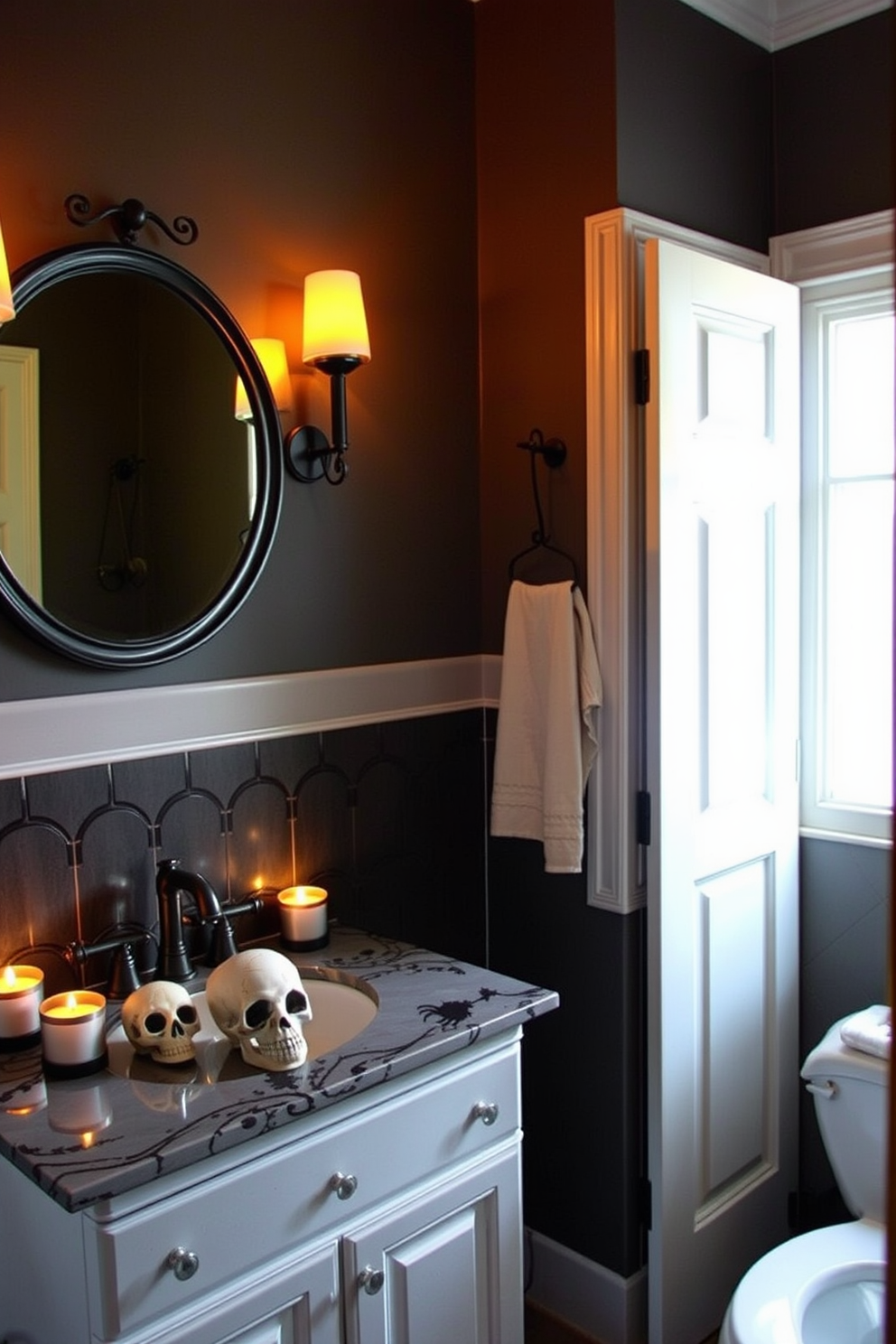 Create a Halloween-themed bathroom that features decorative skulls placed strategically on the countertops. The space should be dimly lit with candles surrounding the skulls, enhancing the spooky ambiance while maintaining elegance.