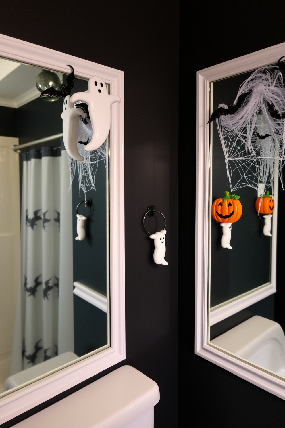 A whimsical bathroom setting featuring spooky themed shower curtain hooks. The hooks are designed as ghosts and pumpkins, adding a playful touch to the space. The walls are painted in a dark, moody color to enhance the Halloween vibe. Decorative elements like cobwebs and small bats are hung around the mirrors, creating an immersive spooky atmosphere.