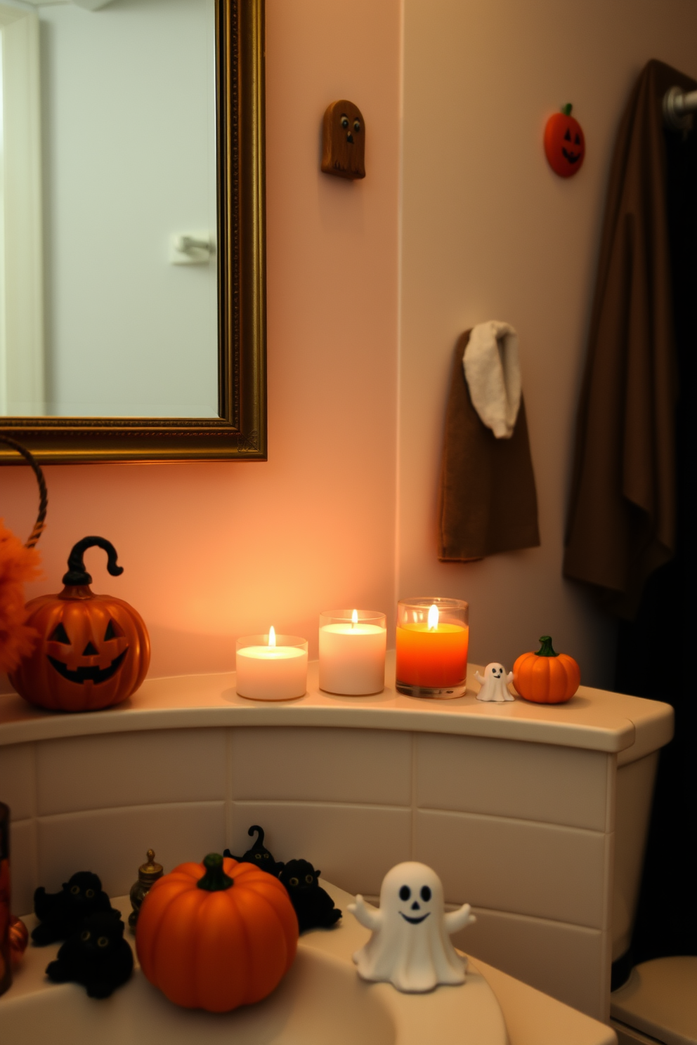 A cozy bathroom atmosphere with pumpkin spice scented candles flickering gently on the countertop. The space is adorned with Halloween-themed decorations, including playful ghost and pumpkin accents that bring a festive spirit.