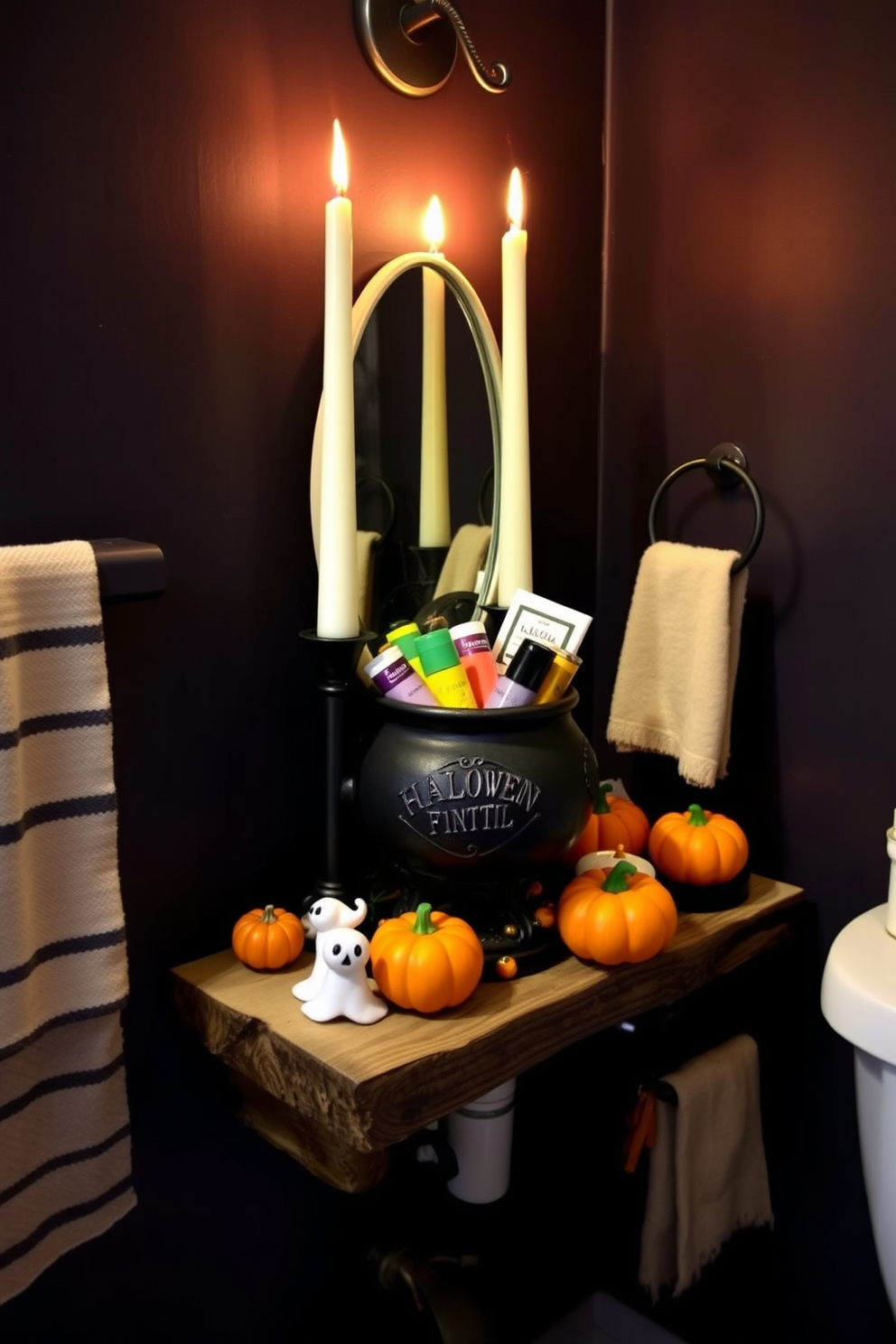 A whimsical Halloween bathroom setting featuring a decorative cauldron filled with an assortment of colorful toiletries. The cauldron sits on a rustic wooden shelf adorned with spooky accents like miniature pumpkins and ghost decorations. The walls are painted in a dark, moody hue to create an enchanting atmosphere. Soft, flickering candlelight illuminates the space, casting playful shadows across the room.