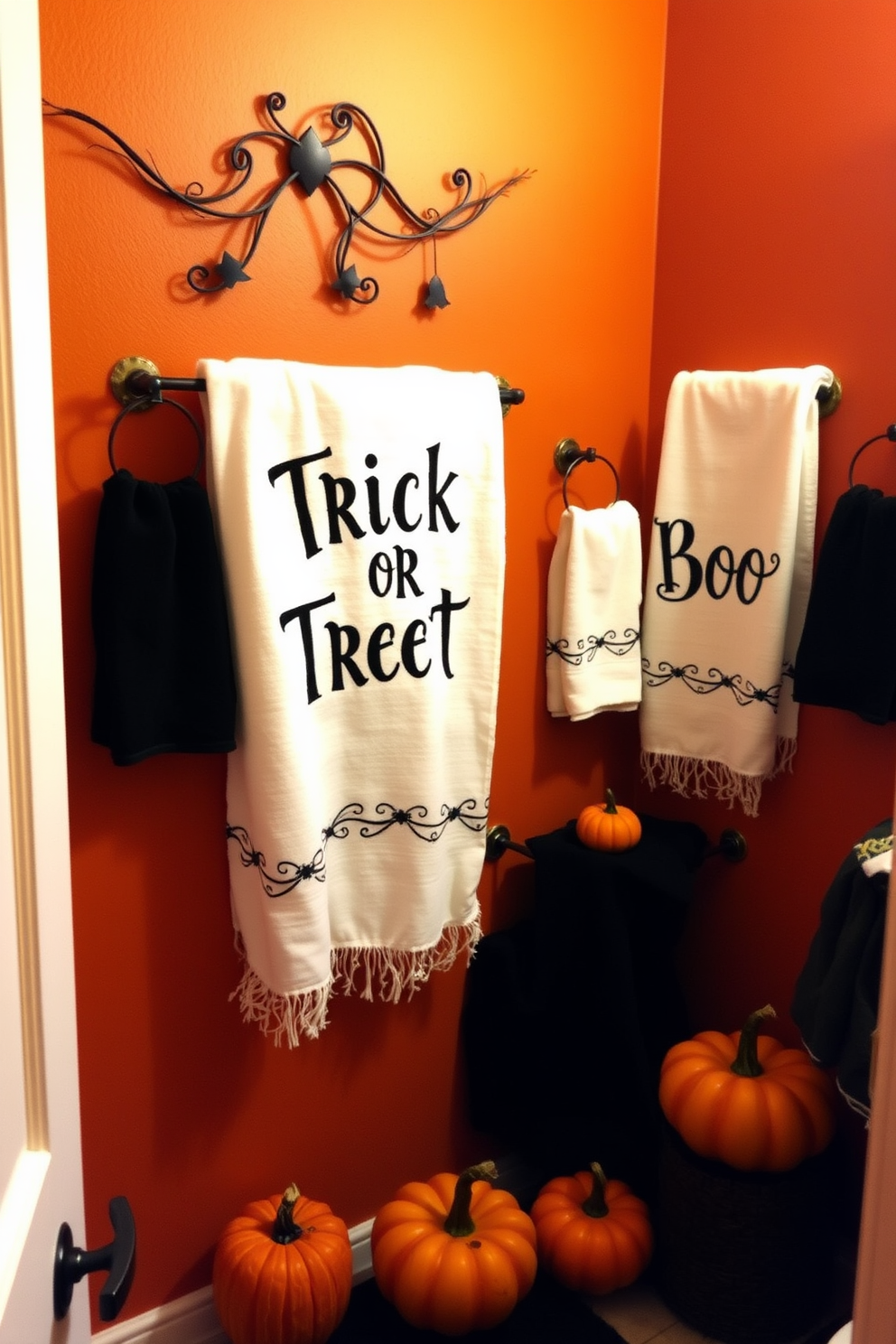 A Halloween-themed bathroom featuring towels adorned with spooky phrases such as 