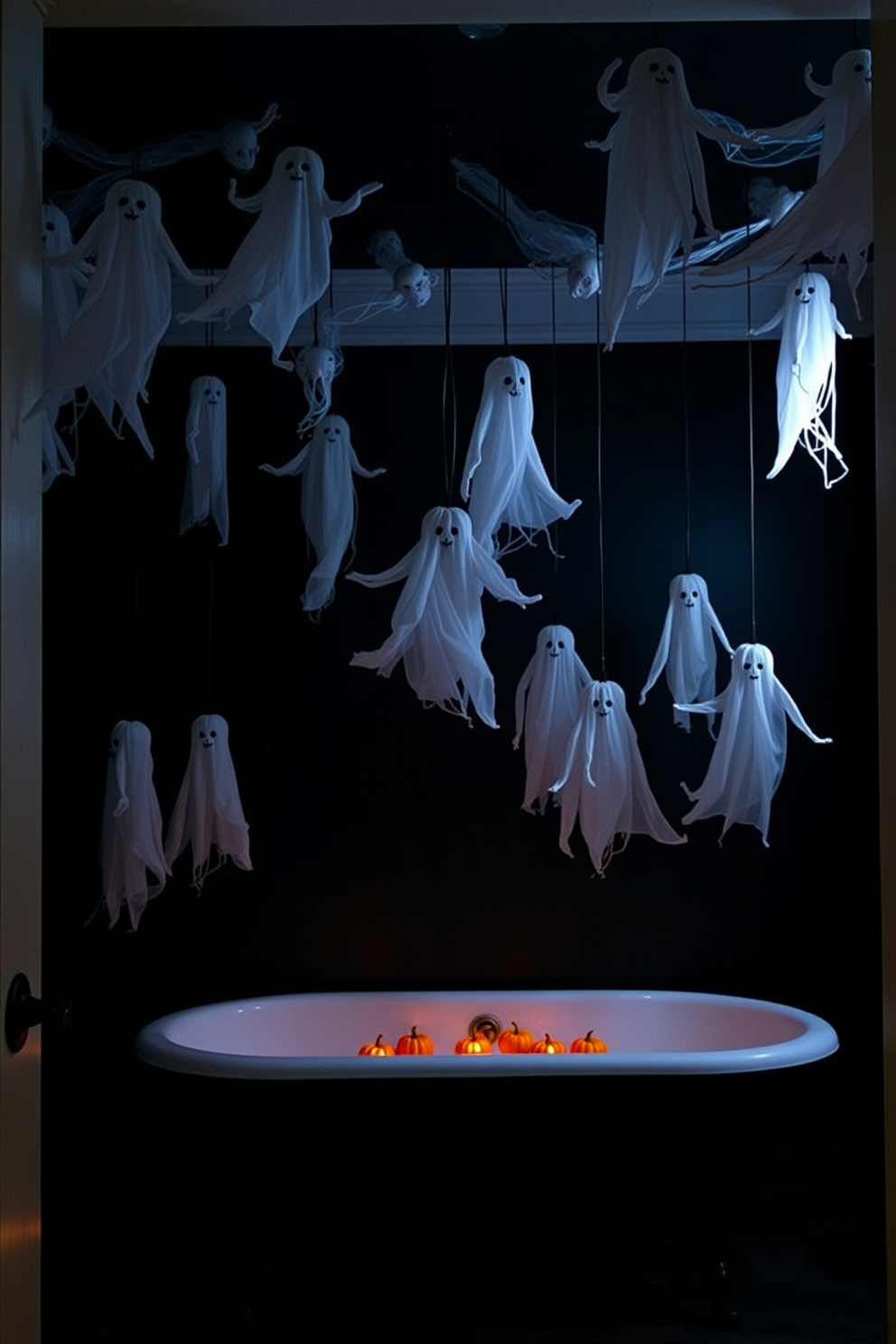 A spooky Halloween bathroom setting. The ceiling is adorned with ghostly hanging decorations that sway gently, creating an eerie atmosphere. The walls are painted in a deep black shade, enhancing the haunting vibe. A collection of small, illuminated pumpkins line the edge of the bathtub, casting a warm glow.