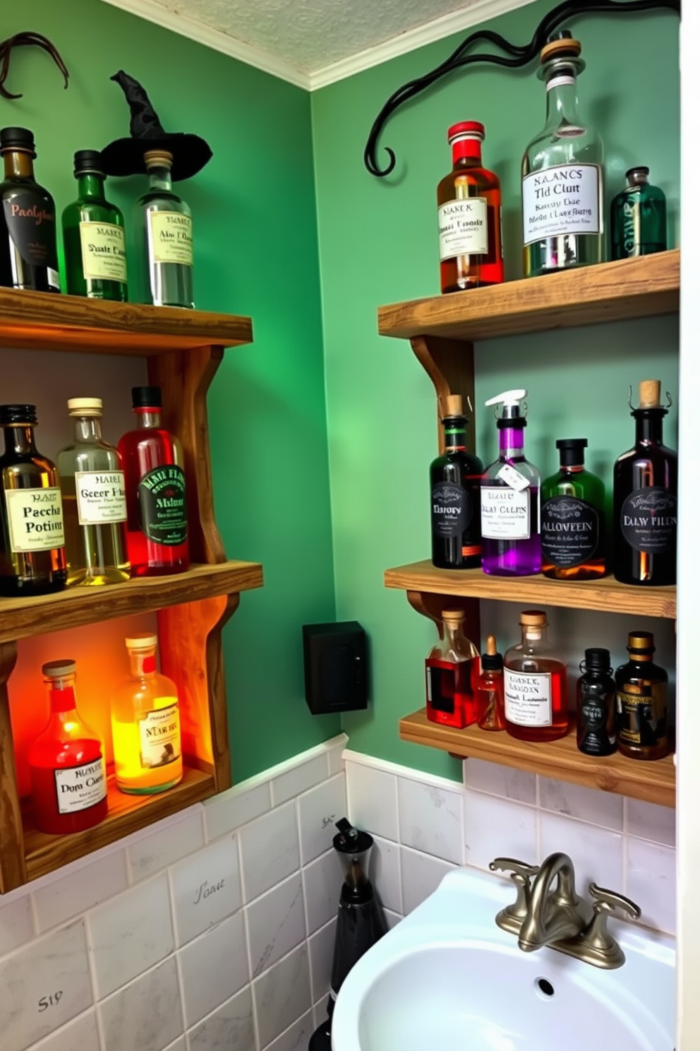 A whimsical bathroom setting adorned with various witchy potion bottles displayed on rustic wooden shelves. The shelves are filled with colorful glass bottles of different shapes and sizes, each labeled with enchanting names, creating a magical atmosphere for Halloween.