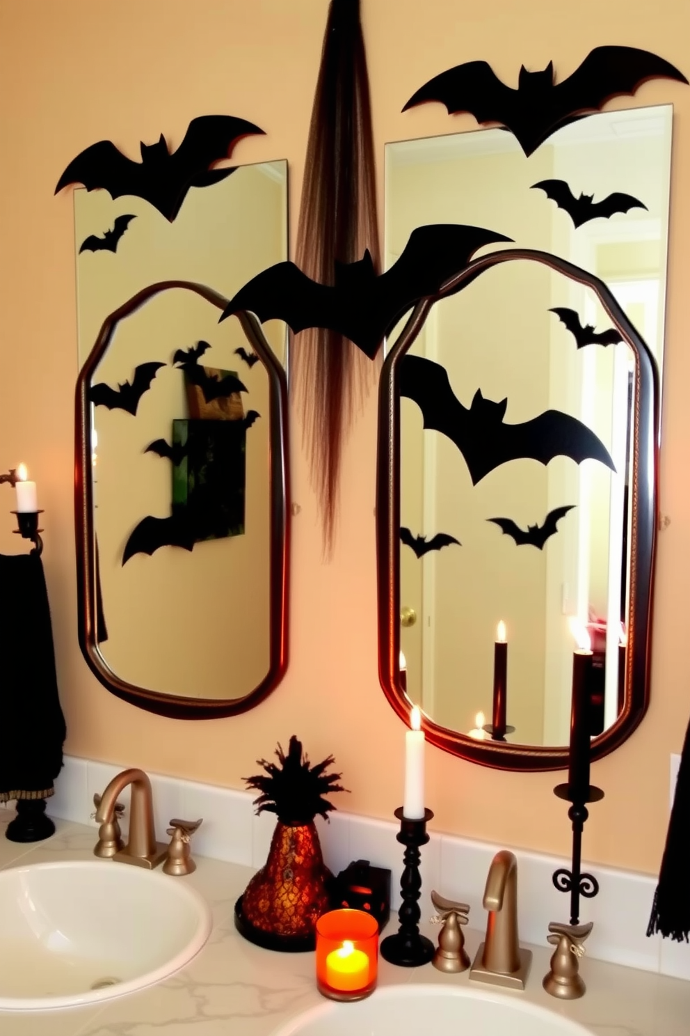 Create a Halloween-themed bathroom setting featuring mirrors adorned with elegant bat silhouettes. The decor includes black and orange accents, with spooky candles placed strategically around the room.