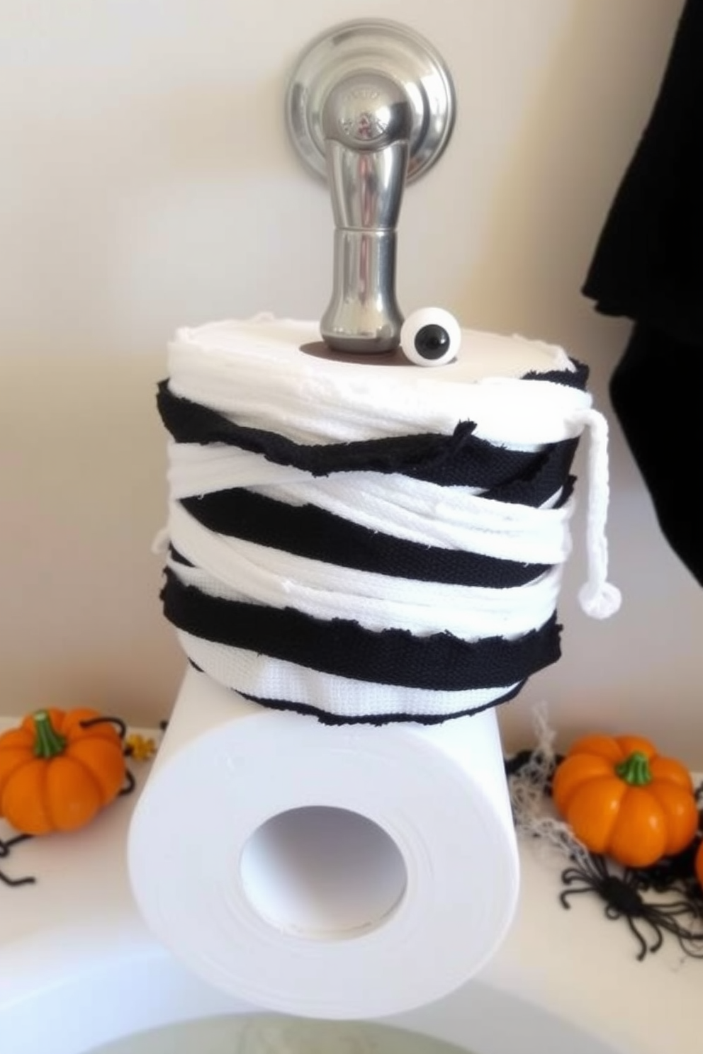 A spooky mummy toilet paper roll cover adds a fun and festive touch to your Halloween bathroom decor. The cover features a wrap of white fabric resembling bandages, with googly eyes peeking out for a playful effect. Position the mummy cover prominently on the toilet paper holder to create a whimsical focal point. Surround it with other Halloween-themed decorations, such as miniature pumpkins and cobwebs, to enhance the overall festive atmosphere.