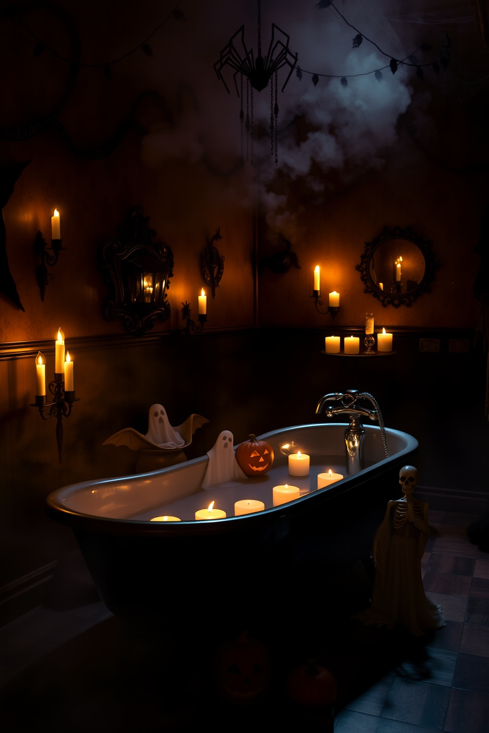 A spooky bathroom setting illuminated by an eerie fog machine creating a mysterious atmosphere. The walls are adorned with dark, haunting decorations and cobwebs, while flickering candlelight casts shadows across the room. A black freestanding bathtub is filled with floating candles and surrounded by carved pumpkins. Ghostly figures and skeleton accents are strategically placed to enhance the Halloween theme.