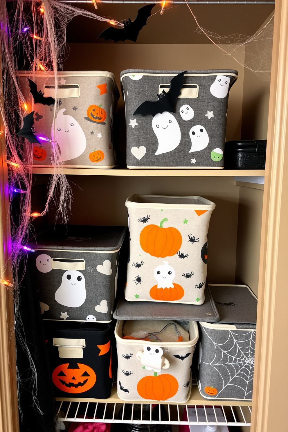 Spooky themed storage bins are arranged neatly on a shelf, featuring designs of ghosts, pumpkins, and cobwebs. Each bin is crafted from durable fabric and has a lid, perfect for keeping items organized and out of sight. The closet is adorned with Halloween decorations, including hanging bats and faux spider webs draping from the shelves. A string of orange and purple lights adds a festive glow, enhancing the spooky atmosphere.