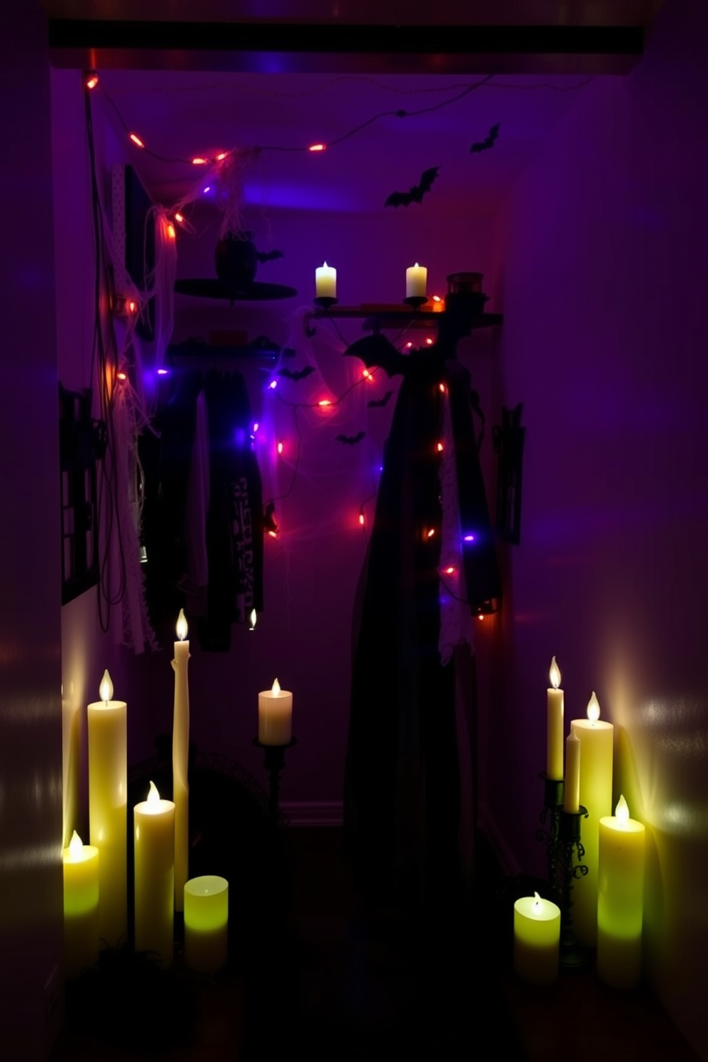 A collection of LED candles is arranged on various surfaces, casting a soft, flickering glow that enhances the eerie atmosphere of the space. The dim lighting creates shadows that dance along the walls, adding to the mysterious vibe of the Halloween decor. The closet is transformed into a spooky sanctuary with themed decorations, including cobwebs and hanging bats. Accents of orange and purple lights are intertwined with Halloween-themed accessories, creating a festive yet haunting display.