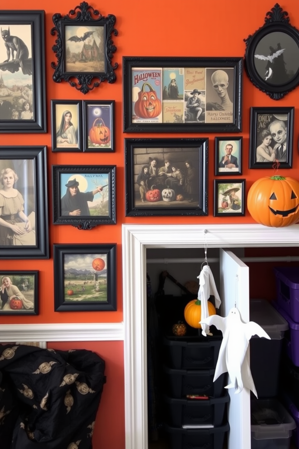 A collection of vintage Halloween postcards is displayed as wall art, showcasing a variety of spooky and whimsical designs. The postcards are framed in ornate black frames and arranged in a gallery style on a deep orange wall. The Halloween closet is decorated with themed elements, featuring a mix of black and purple storage bins. Ghost and pumpkin decorations hang from the closet door, creating a festive atmosphere.