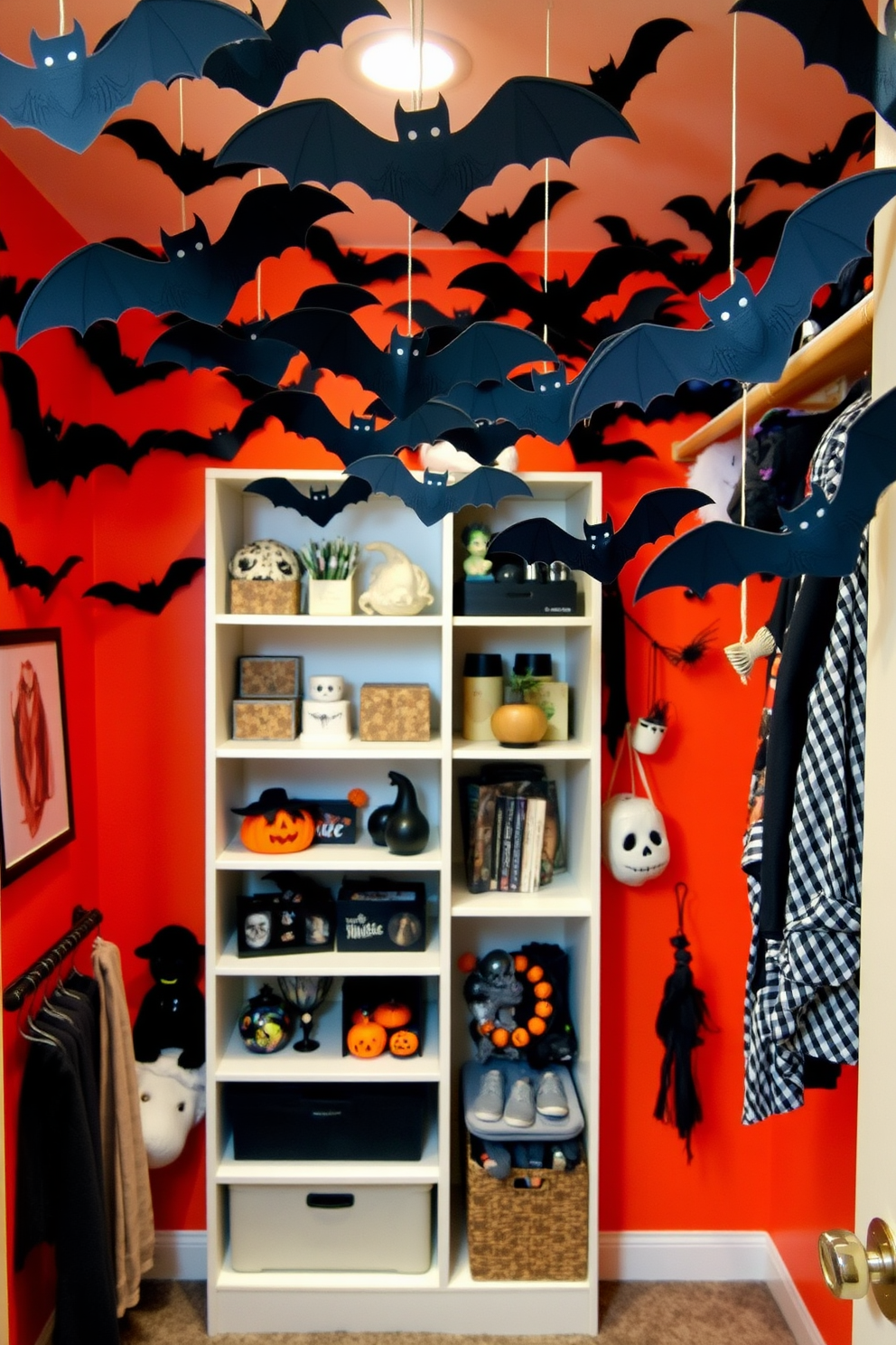 A whimsical Halloween closet filled with bats cutouts hanging from the ceiling. The walls are painted in a deep orange color, and shelves are adorned with spooky decorations and themed accessories.