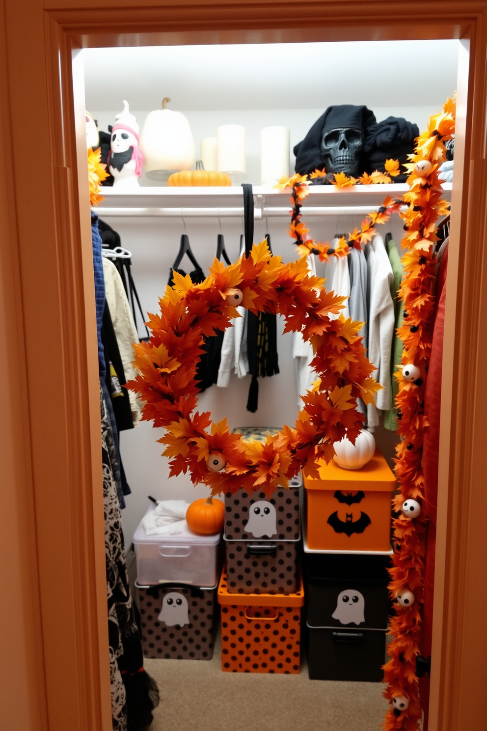 A seasonal wreath made of autumn leaves and small pumpkins adorns the closet door. The closet interior is decorated with themed Halloween items like spooky garlands and colorful storage boxes featuring ghost and bat designs.