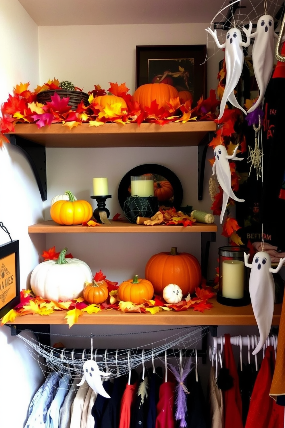 Colorful fall leaves scattered on shelves create a warm and inviting atmosphere. The shelves are adorned with pumpkins, candles, and rustic decor to enhance the seasonal charm. Halloween closet decorating ideas include hanging ghostly decorations and spider webs. A mix of vibrant and dark colors can be used to create a spooky yet festive look.