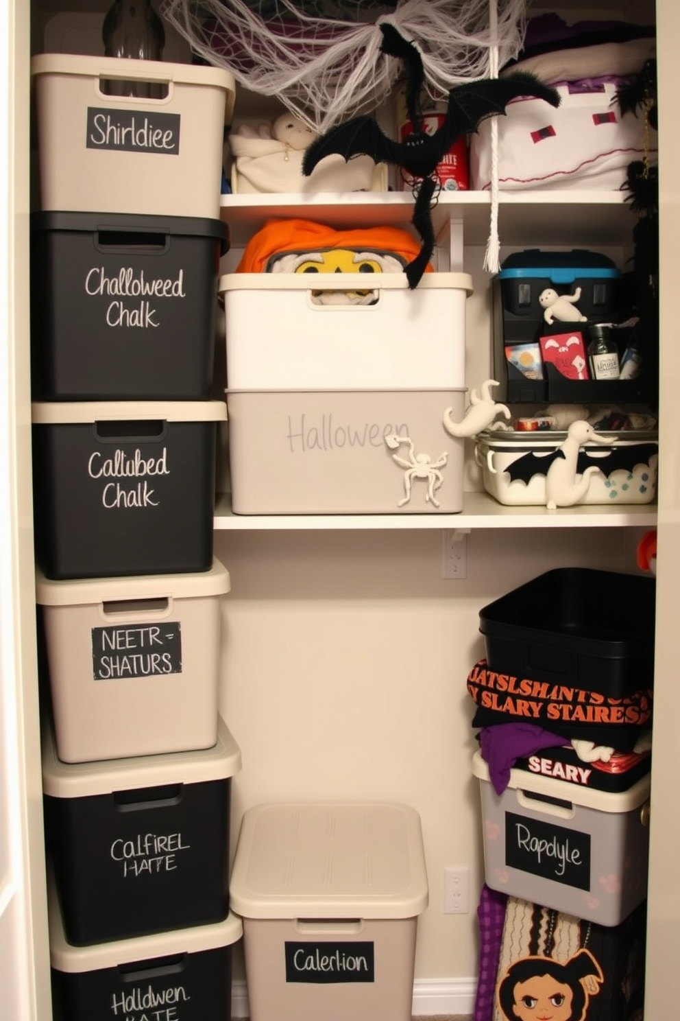 Chalkboard labels for storage boxes. Each label is neatly written in white chalk, providing a clear and stylish way to identify contents. Halloween closet decorating ideas. The closet is adorned with spooky decorations such as cobwebs, plastic spiders, and hanging bats, creating a festive atmosphere.