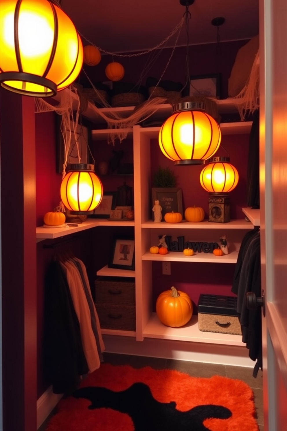 A cozy closet space adorned with hanging lanterns that cast a warm, inviting glow. The walls are painted in a deep burgundy shade, and decorative elements like cobwebs and small pumpkins create a festive atmosphere. The shelves are lined with seasonal decorations, including spooky figurines and autumn-themed accents. A plush rug in shades of orange and black adds comfort underfoot, enhancing the Halloween spirit.