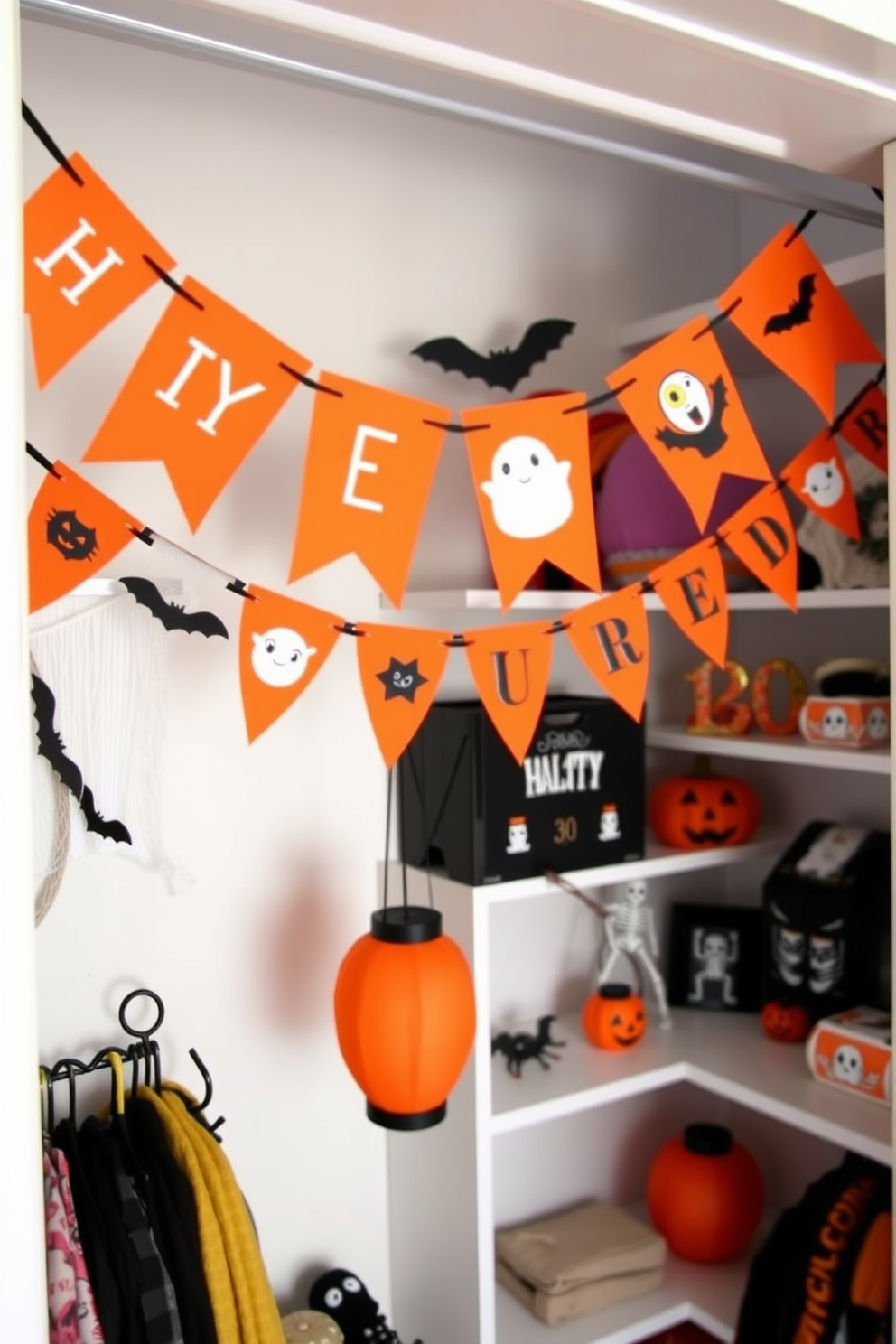 A whimsical Halloween closet decorated with DIY banners in vibrant orange and black. The banners feature playful designs of ghosts, pumpkins, and bats, creating a festive atmosphere. The closet shelves are filled with spooky decorations like cobwebs and small skeletons. A few hanging paper lanterns in the shape of jack-o'-lanterns add a charming touch to the overall decor.