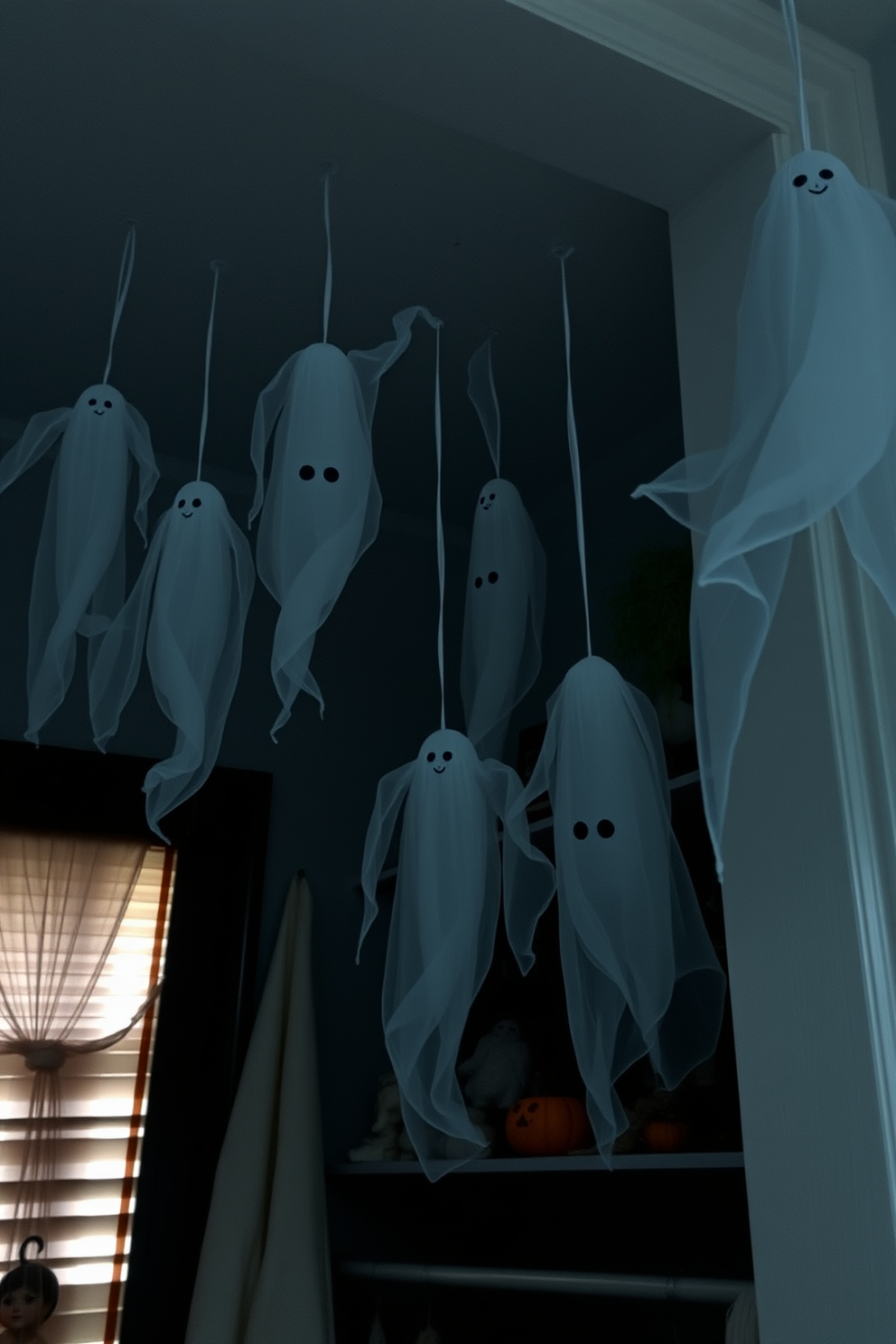 Hanging ghost decorations from the ceiling create a spooky atmosphere in your home. The ethereal white fabric drapes down, swaying gently with the breeze, enhancing the eerie effect. For Halloween closet decorating ideas, use dark colors and thematic accessories to transform your space. Incorporate cobwebs, miniature pumpkins, and ghostly figures to create a festive and haunting vibe.