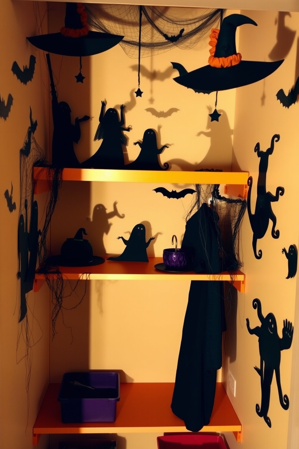 A Halloween closet is filled with spooky silhouettes cut from black paper, casting eerie shadows against the walls. Shelves are adorned with ghostly figures and cobwebs, creating a haunting atmosphere perfect for the season. The closet features a mix of vibrant orange and deep purple accents, enhancing the Halloween theme. Hanging bats and witches hats dangle from the ceiling, adding to the festive decor.