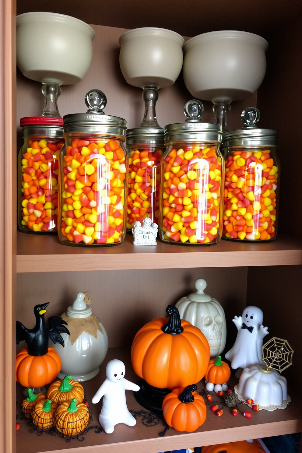 A whimsical Halloween closet filled with decorative jars brimming with colorful candy corn. The jars are arranged on a shelf adorned with festive Halloween-themed decorations, including miniature pumpkins and ghost figurines.