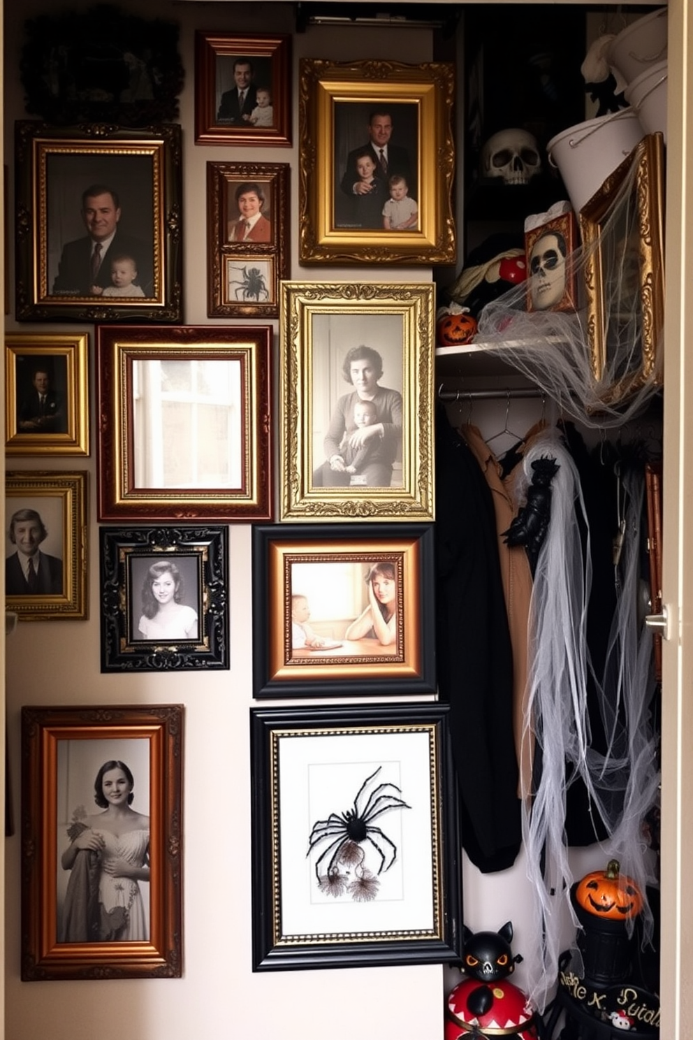 Mismatched vintage frames for photos. A collection of ornate frames in various sizes and finishes adorns the wall, showcasing family portraits and artistic prints. Halloween closet decorating ideas. The closet is transformed with spooky decorations, including hanging cobwebs, artificial spiders, and themed accessories that create a festive atmosphere.