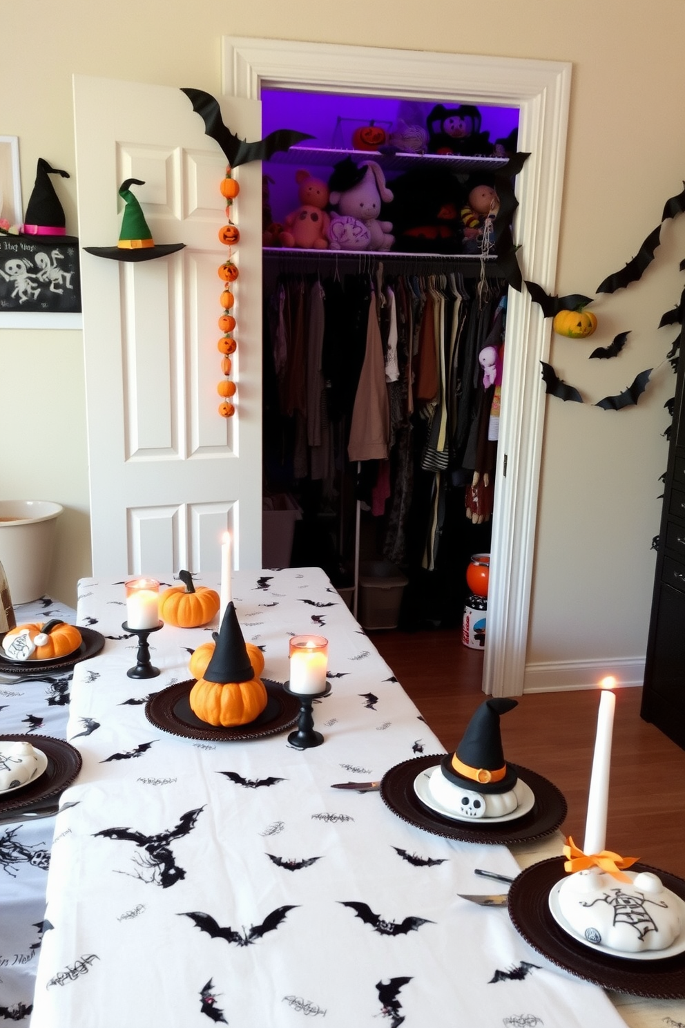 A Halloween themed tablecloth drapes elegantly over a long dining table adorned with miniature pumpkins and flickering candle holders. The table is set with spooky-themed dinnerware featuring ghosts and cobweb designs, creating an inviting yet eerie atmosphere. The Halloween closet is filled with vibrant decorations including colorful witches' hats and playful skeletons hanging from the shelves. Spooky garlands made of bats and pumpkins are strung across the closet door, adding a festive touch to the space.