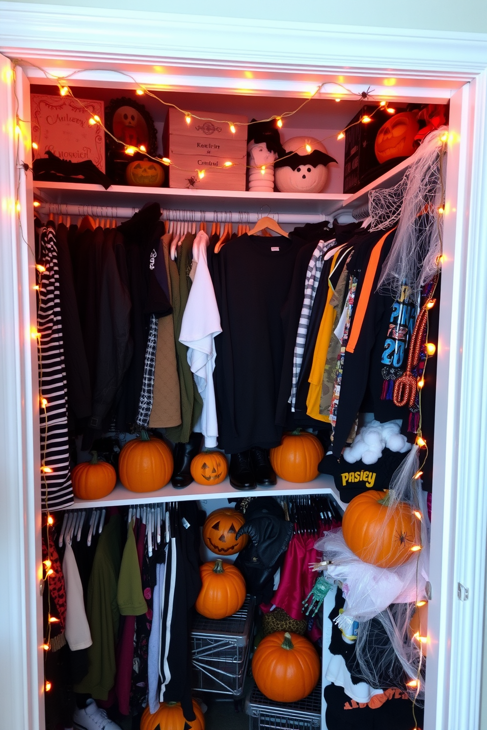 A cozy Halloween closet filled with festive decorations. Strands of orange lights drape across the shelves, casting a warm glow on an array of spooky costumes and themed accessories. Pumpkins of various sizes are placed strategically among the clothing. Cobwebs and plastic spiders add an eerie touch, enhancing the Halloween spirit throughout the closet.